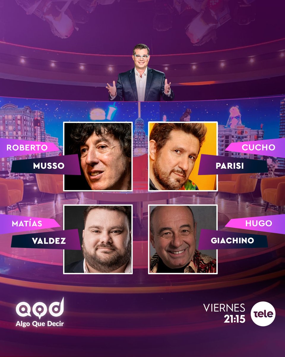 Algo que decir (@algoqdecir12) on Twitter photo ✨Se viene un gran programa de #AlgoQueDecir
➡️ Roberto Musso
➡️ Cucho Parisi
➡️ <a href="/Matiasvaldezuy/">Matías Valdez</a>
➡️ <a href="/HugoGiachino/">Hugo Giachino</a>
✅ 21:15 horas por la pantalla de <a href="/teledoce/">𝗧𝗲𝗹𝗲𝗱𝗼𝗰𝗲 📺</a> 📺 ✨Se viene un gran programa de #AlgoQueDecir
➡️ Roberto Musso
➡️ Cucho Parisi
➡️ <a href="/Matiasvaldezuy/">Matías Valdez</a>
➡️ <a href="/HugoGiachino/">Hugo Giachino</a>
✅ 21:15 horas por la pantalla de <a href="/teledoce/">𝗧𝗲𝗹𝗲𝗱𝗼𝗰𝗲 📺</a> 📺