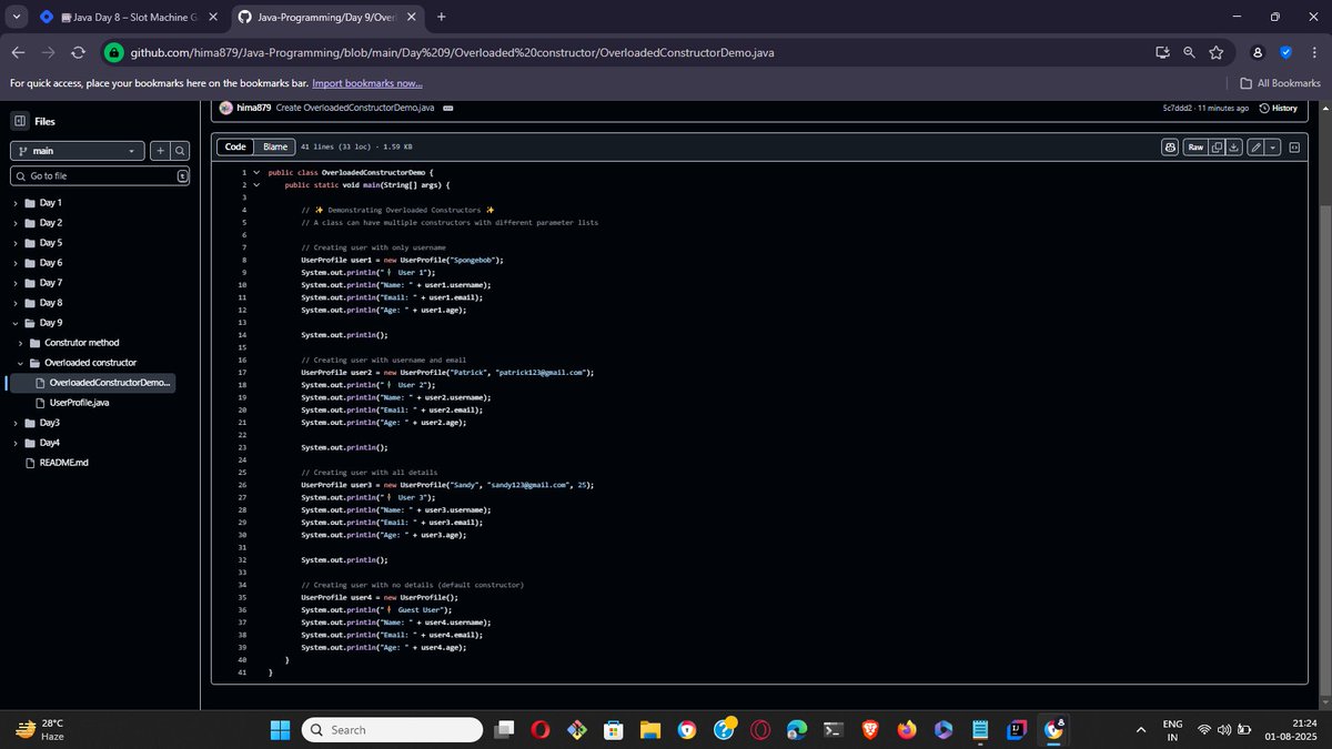 Himanshi1286's tweet image. 📦 Java Day 9 🧠
✅ Constructors &amp; Object Initialization 🚀
✅ Constructor Overloading in Action! ➕
✅ Real-World Classes: Student &amp; UserProfile 👩🎓👨💻
✅ Fully Understood How Objects Are Built 🔧
#Java #100DaysOfCode #ConstructorOverloading #JavaBeginner #OOP