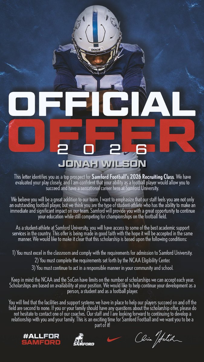 Jonah Wilson (@jonahwilson101) on Twitter photo #AGTG Grateful to have a Official Offer from <a href="/SamfordFootball/">Samford Football</a>.
<a href="/bowdonrecruits/">Bowdon High School Football/Athlete Recruiting</a> <a href="/Coach_Walker55/">Coach Jock Walker</a> <a href="/Championsmaca/">Champions Mindset Academy</a> <a href="/RecruitGeorgia/">Recruit Georgia</a> <a href="/NwGaFootball/">NwGa Football</a> #AGTG Grateful to have a Official Offer from <a href="/SamfordFootball/">Samford Football</a>.
<a href="/bowdonrecruits/">Bowdon High School Football/Athlete Recruiting</a> <a href="/Coach_Walker55/">Coach Jock Walker</a> <a href="/Championsmaca/">Champions Mindset Academy</a> <a href="/RecruitGeorgia/">Recruit Georgia</a> <a href="/NwGaFootball/">NwGa Football</a>