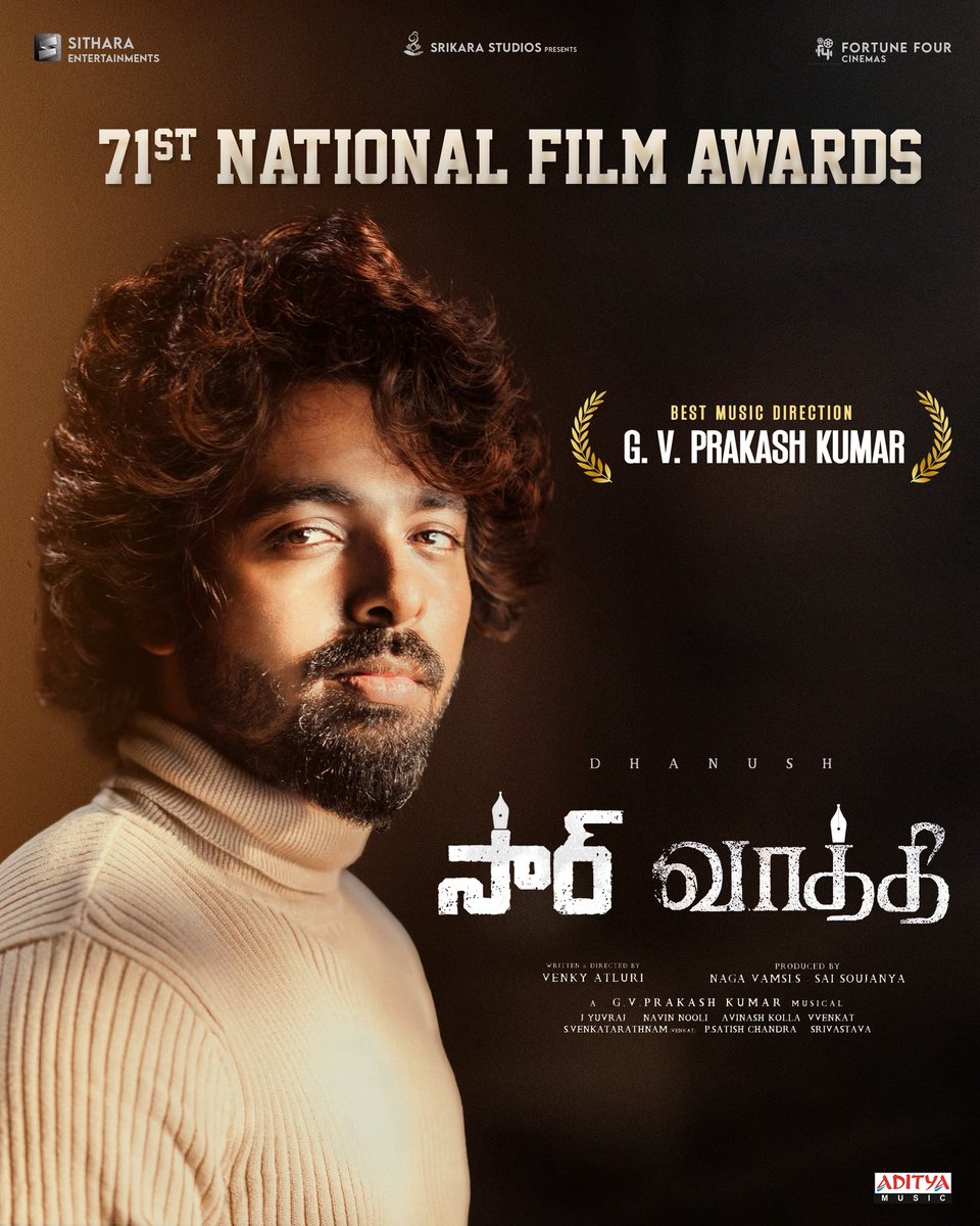 Sithara Entertainments (@sitharaents) on Twitter photo Yet another milestone ❤️🔥❤️🔥
Congratulations to our dearest <a href="/gvprakash/">G.V.Prakash Kumar</a> garu on winning the Best Music Direction award at the #71stNationalFilmAwards for #Vaathi / #Sir 💥💥💥
<a href="/dhanushkraja/">Dhanush</a> #VenkyAtluri <a href="/iamsamyuktha_/">Samyuktha</a> <a href="/iSumanth/">Sumanth</a> <a href="/dopyuvraj/">Yuvraj</a> <a href="/NavinNooli/">Navin Nooli</a> <a href="/vamsi84/">Naga Vamsi</a> #SaiSoujanya Yet another milestone ❤️🔥❤️🔥
Congratulations to our dearest <a href="/gvprakash/">G.V.Prakash Kumar</a> garu on winning the Best Music Direction award at the #71stNationalFilmAwards for #Vaathi / #Sir 💥💥💥
<a href="/dhanushkraja/">Dhanush</a> #VenkyAtluri <a href="/iamsamyuktha_/">Samyuktha</a> <a href="/iSumanth/">Sumanth</a> <a href="/dopyuvraj/">Yuvraj</a> <a href="/NavinNooli/">Navin Nooli</a> <a href="/vamsi84/">Naga Vamsi</a> #SaiSoujanya