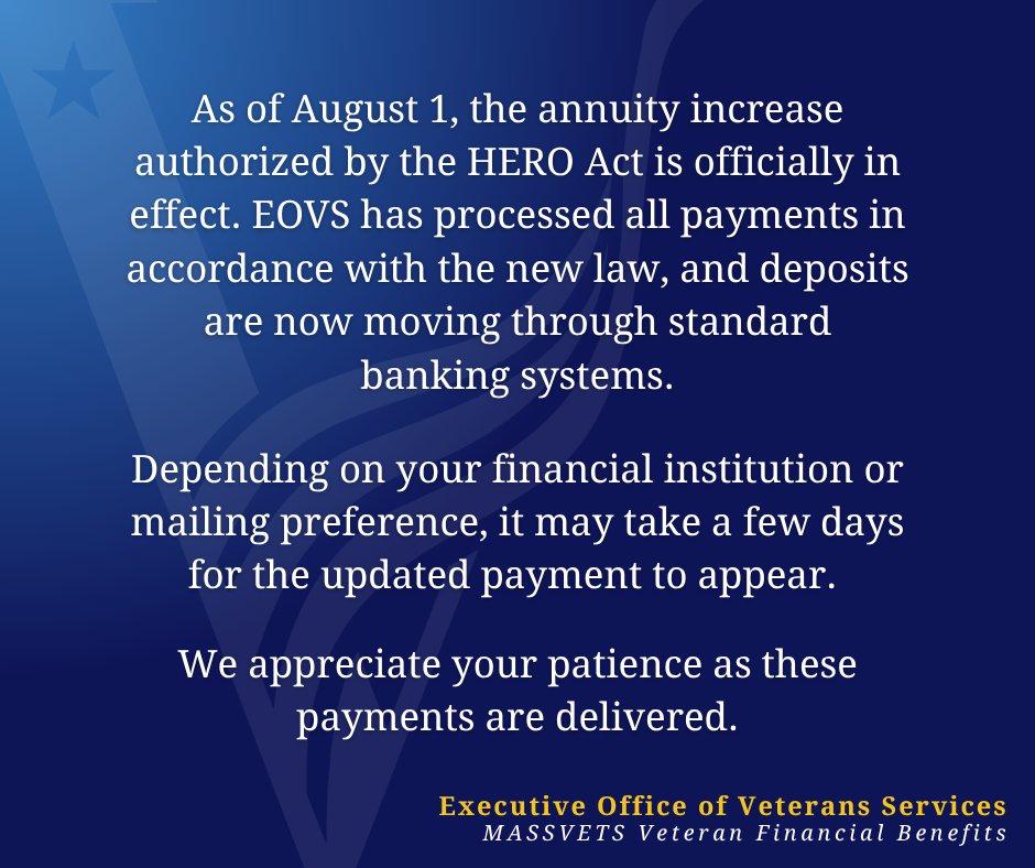 As of August 1, the annuity increase authorized by the HERO Act is officially in effect. EOVS has processed all payments in accordance with the new law, and deposits are now moving through standard banking systems.

Depending on your financial institution or mailing preference,