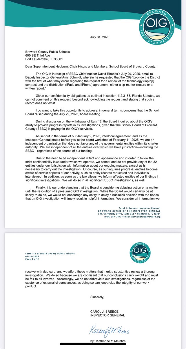Scott Travis (@smtravis) on Twitter photo .<a href="/browardschools/">Broward Schools</a> decided this week to delay approval of a $115m technology contract due to pending inspector general investigation. On Thursday, IG Jodie Breece wrote the district saying she doesn’t encourage delaying business decisions to wait on results of an IG investigation. .<a href="/browardschools/">Broward Schools</a> decided this week to delay approval of a $115m technology contract due to pending inspector general investigation. On Thursday, IG Jodie Breece wrote the district saying she doesn’t encourage delaying business decisions to wait on results of an IG investigation.