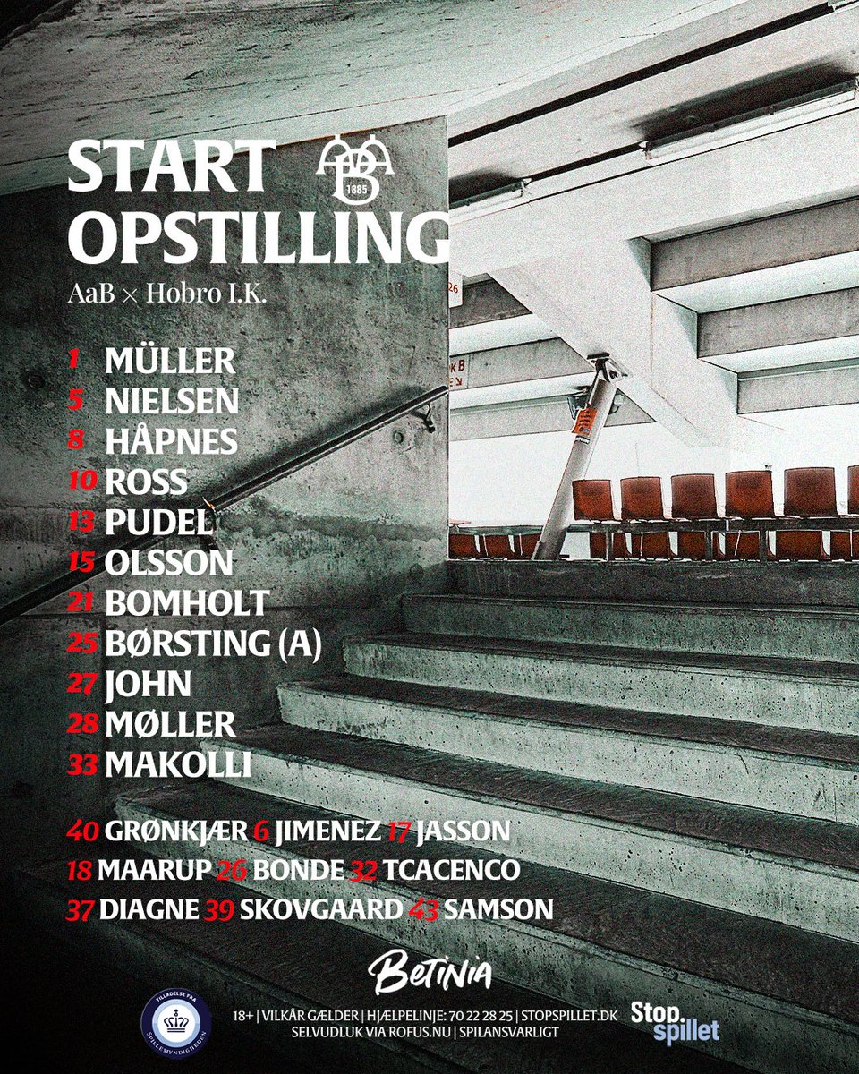 Følgende 11 starter hjemmebanepremieren 🔴⚪🔴
Kampstart kl. 19.00 på Aalborg Portland Park.
Følg også opgøret direkte på Viaplay.
Startopstillingen præsenteres af Betinia. 
#SammenOmAaB #SuperAaB #AaB