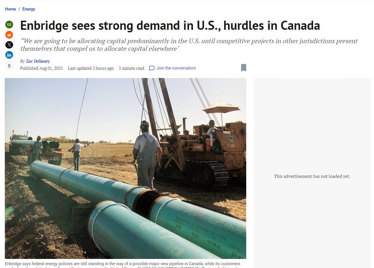 🚨BREAKING 

ENBRIDGE ALL BUT SAYS IT WILL NOT BUILD A PIPELINE IN CANADA

"federal energy policies are still standing in the way of a possible major new pipeline in Canada

U.S returns are meaningfully higher than in Canada"