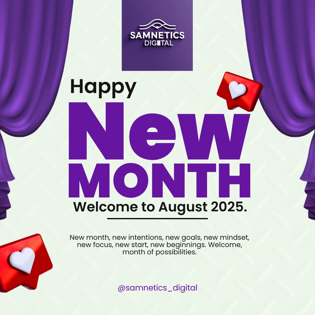 samnetics's tweet image. New month. New energy.
Welcome to August 2025! ✨
Let this month be filled with fresh goals, clear focus, and unstoppable momentum.
New beginnings start now.

#NewMonth #August2025 #FreshStart #SamneticsDigital
