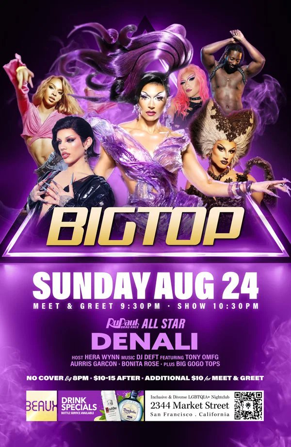 Get ready for a BIG TOP SUNDAY at <a href="/BeauxSF/">BEAUX</a> on August 24th!  
Host <a href="/herawynnsf/">Hera Wynn 🏳️‍⚧️</a> always brings you a star studded line up of local Bay Area talent and featuring <a href="/denalifox/">❄️Denali❄️</a>  of <a href="/RuPaulsDragRace/">RuPaul's Drag Race</a> 
Tickets ⬇️
eventbrite.com/e/big-top-sund…