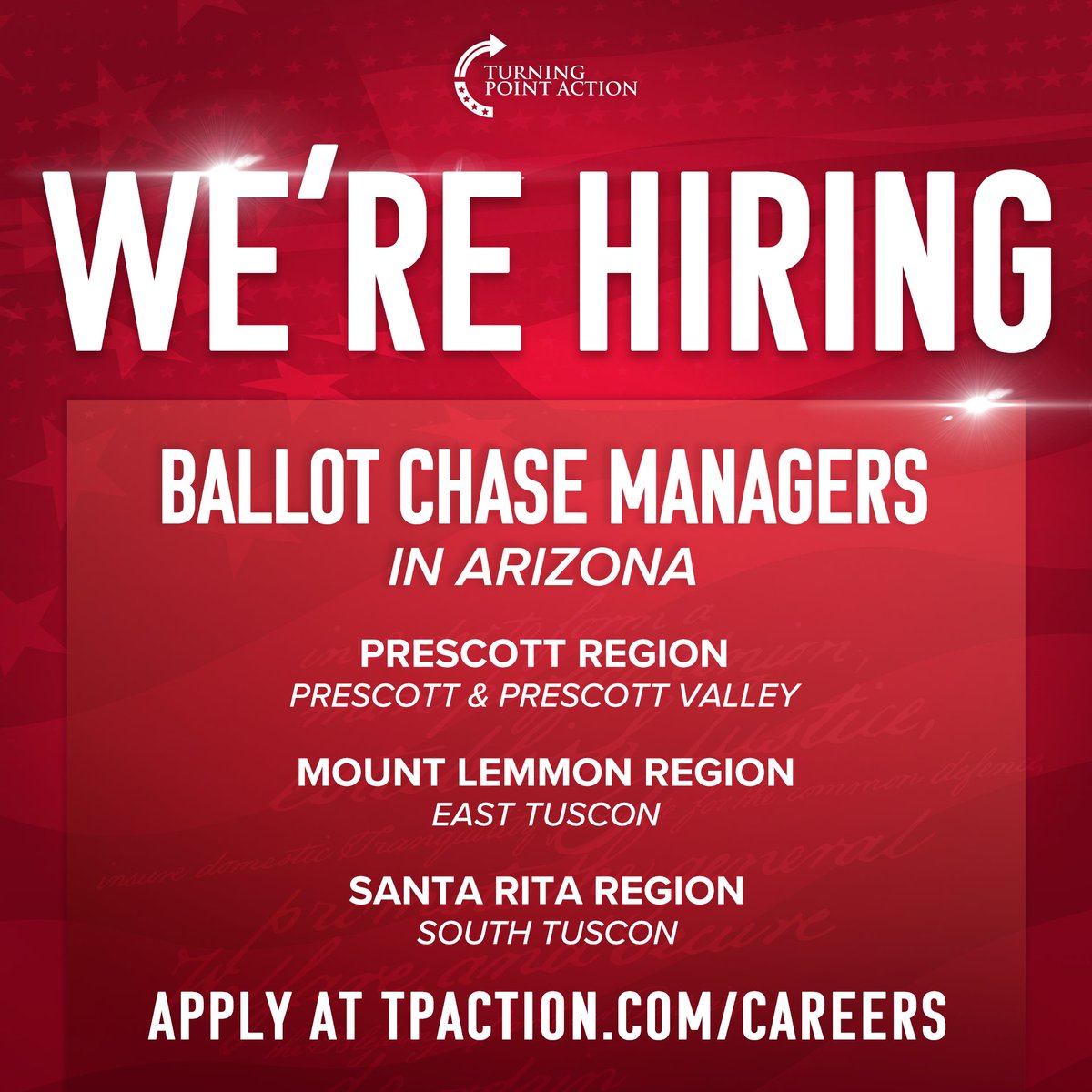 We are running it back and building out the largest ballot chase army that has ever existed in the Republican Party.

I am hiring our final Chase the Vote Managers this month and will begin to hire ballot chasers as early as late August in Arizona. 

Become one of the hundreds of