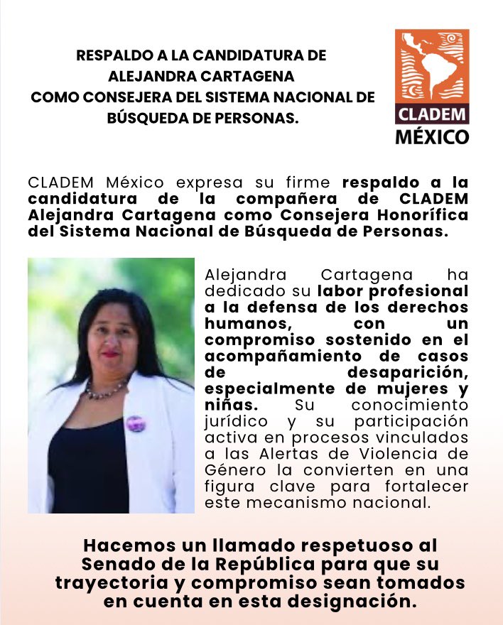 Gracias querida Alejandra Maritza Lopez por todos tus aportes y acompañamiento a la búsqueda de personas desaparecidas en México.
<a href="/CLADEM/">CLADEM</a> <a href="/senadomexicano/">Senado de México</a> 
<a href="/clademjal/">Cladem Jalisco</a>