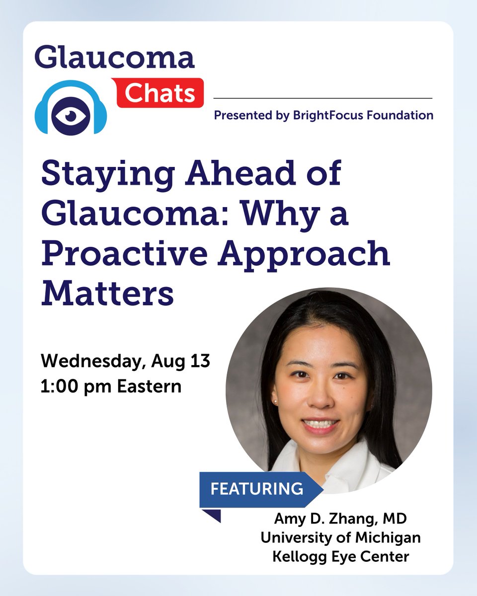 BrightFocus Foundation (@_brightfocus) on Twitter photo ๐จ Don't wait for symptoms to protect your sight. Join Dr. Amy Zhang from <a href="/UMKelloggEye/">U-M Kellogg Eye Center</a> on Wednesday, Aug 13 at 1pm ET to discover why proactive glaucoma care matters.
We'll discuss how how cutting-edge options like minimally invasive surgery, at-home pressure monitoring, and ๐จ Don't wait for symptoms to protect your sight. Join Dr. Amy Zhang from <a href="/UMKelloggEye/">U-M Kellogg Eye Center</a> on Wednesday, Aug 13 at 1pm ET to discover why proactive glaucoma care matters.
We'll discuss how how cutting-edge options like minimally invasive surgery, at-home pressure monitoring, and