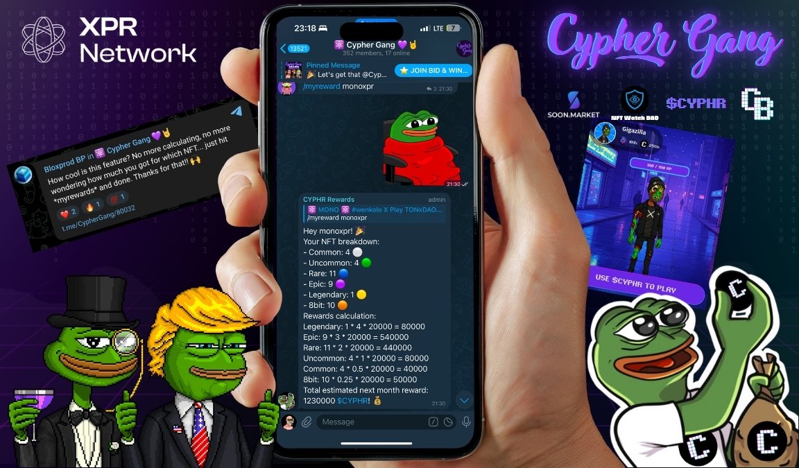 Cypher Gang NFT (@cyphergangnft) on Twitter photo ✅ Bot tracking $CYPHR buys, sells & LP activity
✅ Bot calculating monthly $CYPHR rewards using <a href="/XPRNetwork/">XPR Network</a> on-chain data
🎮 <a href="/CypherBrawls/">Cypher Brawls</a> in the making — play as your <a href="/CypherGangNFT/">Cypher Gang NFT</a>'s , gear up with $CYPHR, and win real rewards
Are we on the right track? 👀 ✅ Bot tracking $CYPHR buys, sells & LP activity
✅ Bot calculating monthly $CYPHR rewards using <a href="/XPRNetwork/">XPR Network</a> on-chain data
🎮 <a href="/CypherBrawls/">Cypher Brawls</a> in the making — play as your <a href="/CypherGangNFT/">Cypher Gang NFT</a>'s , gear up with $CYPHR, and win real rewards
Are we on the right track? 👀