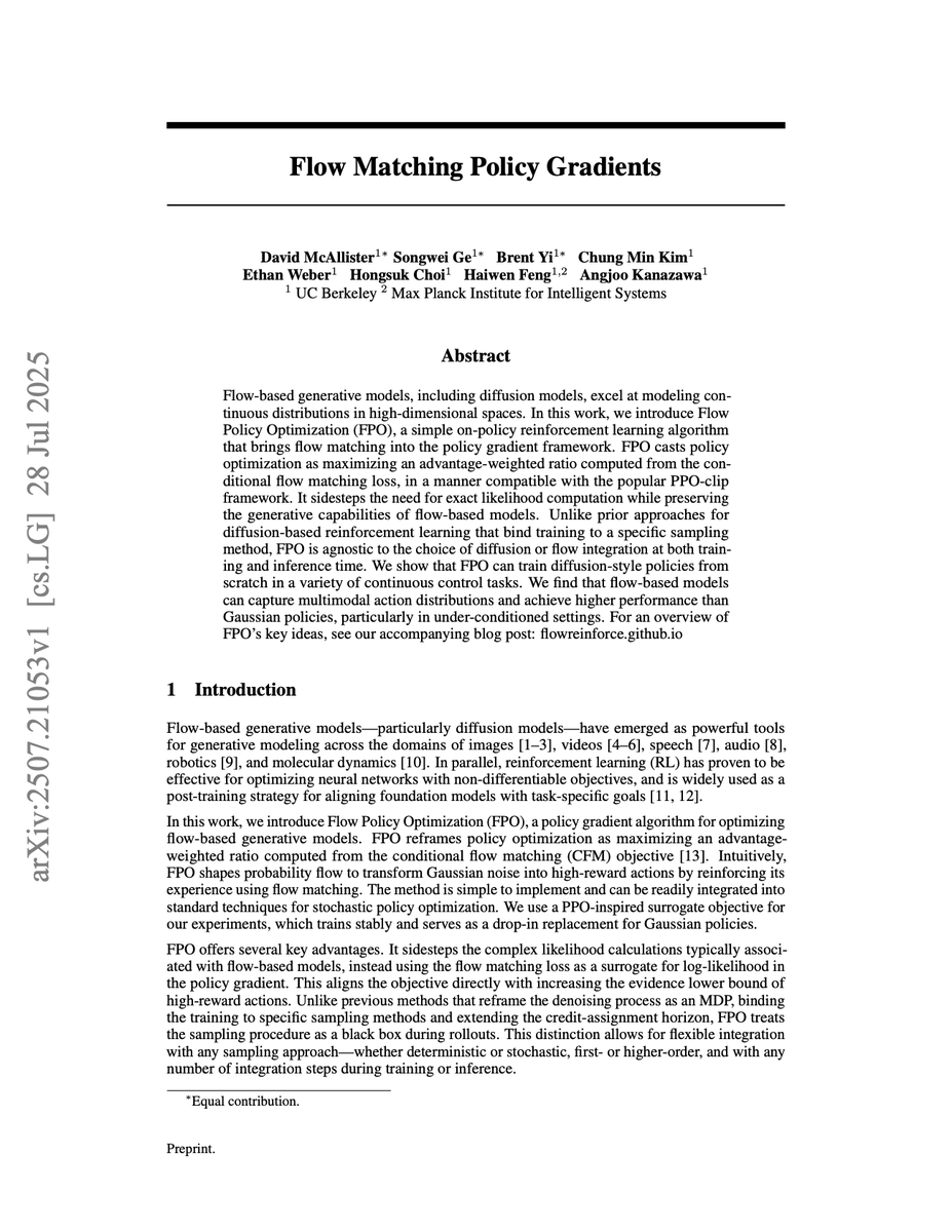 NEW AI ALPHA ALERT:

Can a new AI trick teach robots smoother moves?

Research paper: "Flow Matching Policy Gradients"

Researchers swapped out the complicated equations usually used to train robots for a straightforward “scorecard” that tells the AI whether a move is good or