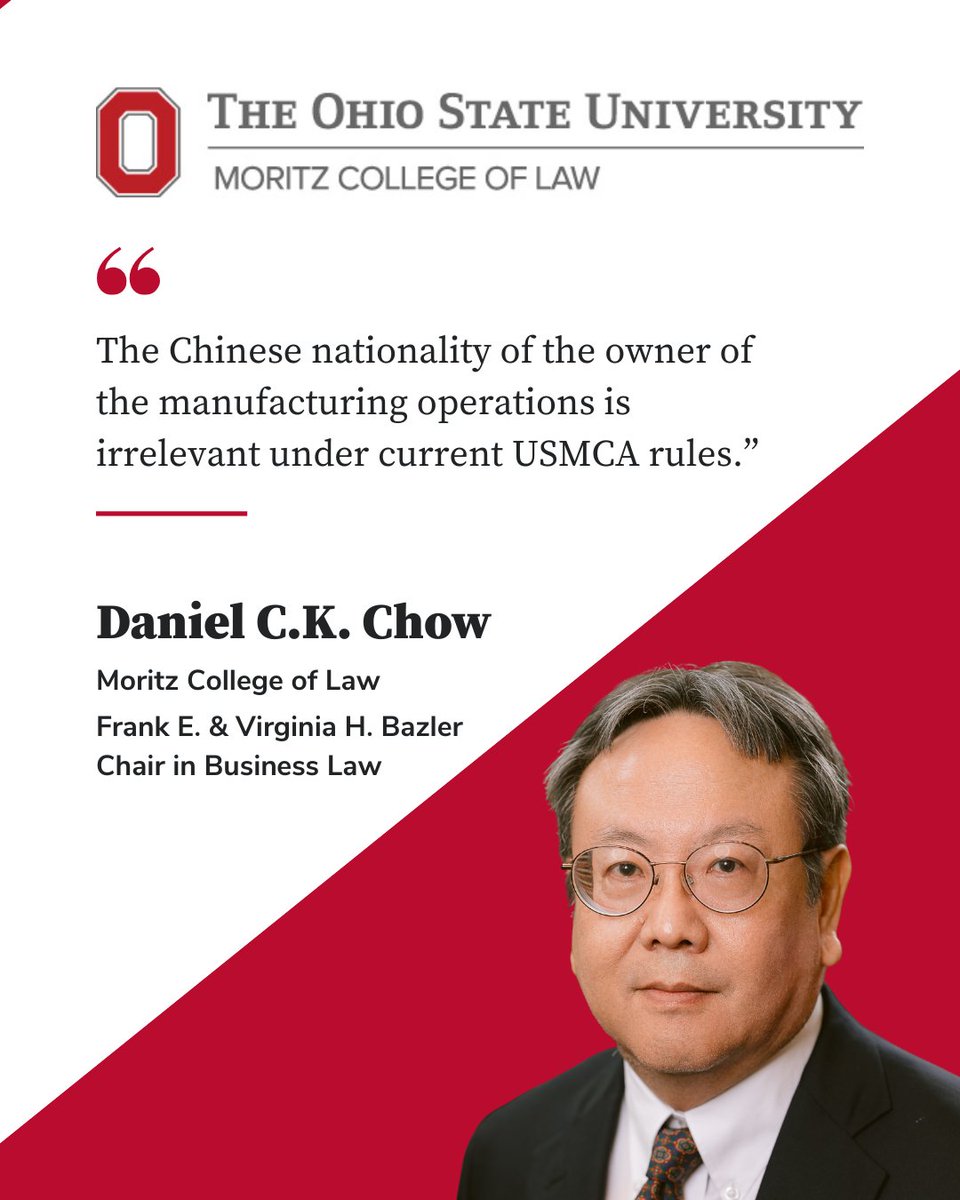 Can China still use the US-Mexico-Canada Agreement to export goods duty-free to the U.S.—even under the latest tariffs?

Moritz Professor Dan Chow's new paper argues yes—and explains how.

📄 Read on <a href="/SSRN/">SSRN</a>: bit.ly/4l786DG

#TradeLaw #OhioStateLaw #Tariffs