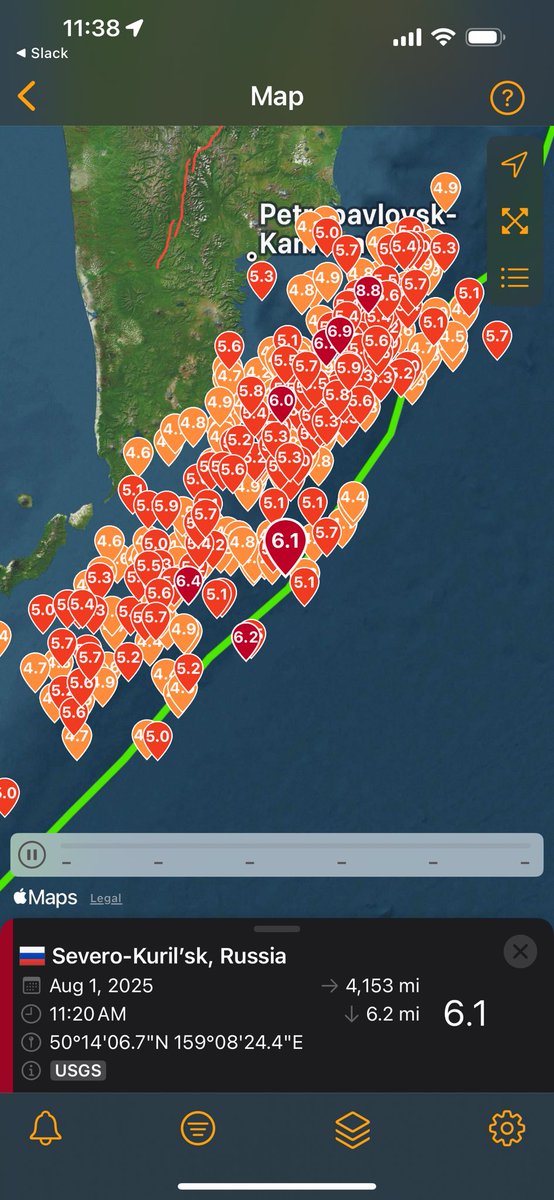 These are the aftershocks of Russia’s 8.8 earthquake right now. What is not normal about this? Almost all depths are 10km. Sure this could be rounding up or down. Except - those that are not 10 km are mostly 25 and 35 km - on the nose! Something’s up here 😉💥