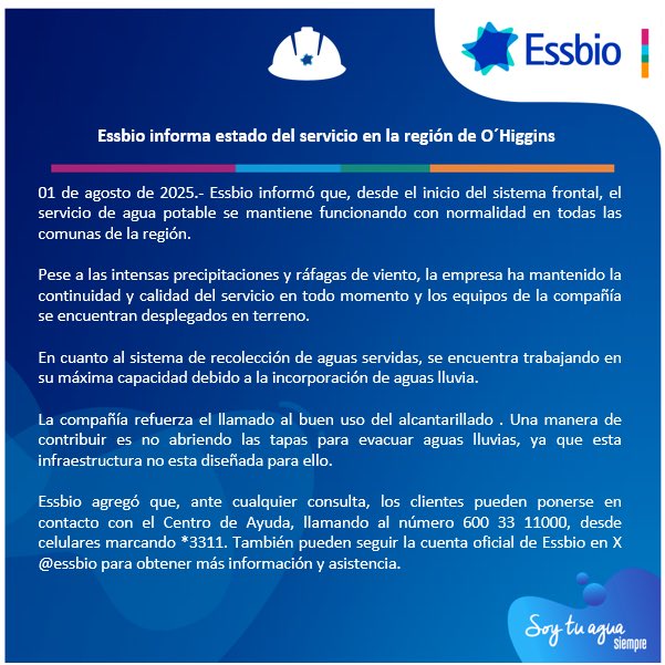 Essbio informa estado del servicio en la región de O’Higgins