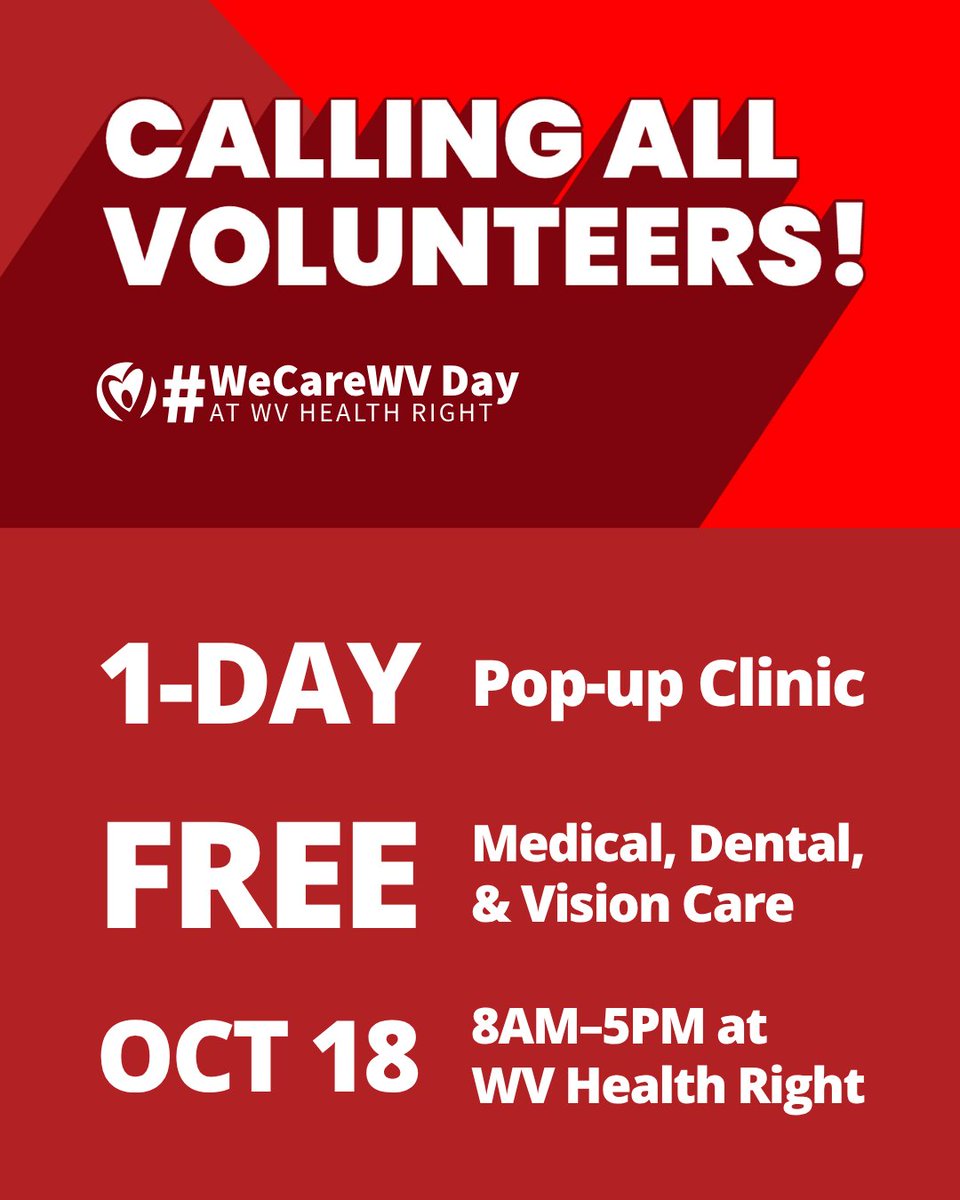 Imagine spending just one day helping to change hundreds of lives.

On October 18, we’re hosting #WeCareWV Day, our one-day free clinic. And we need volunteers!

Whether you have clinical skills or want to lend a hand, there’s a place for you!

bit.ly/3LPW8iw