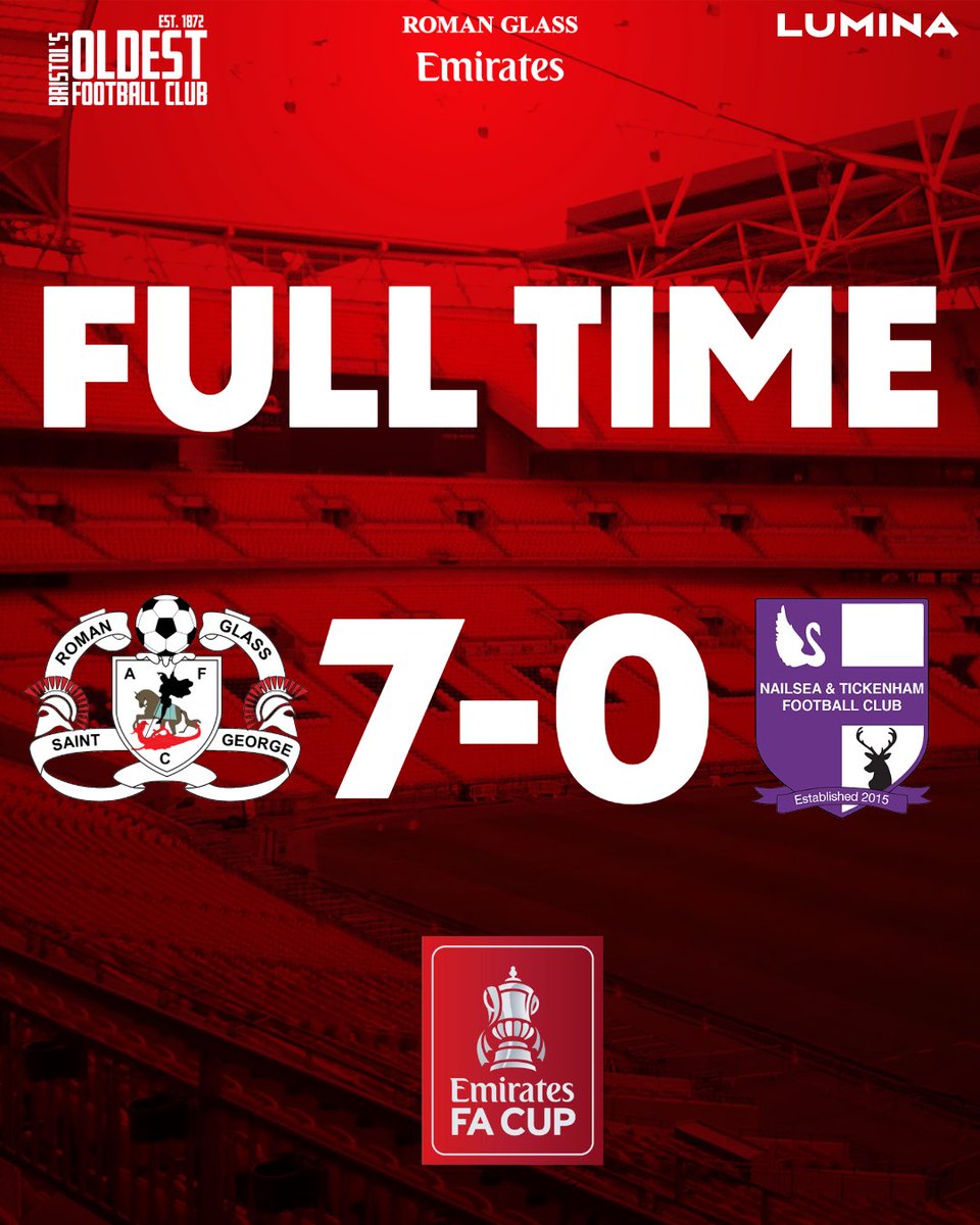 RomanGlassFC's tweet photo. 𝐅𝐔𝐋𝐋-𝐓𝐈𝐌𝐄 | 𝐆𝐋𝐀𝐒𝐒 𝐒𝐌𝐀𝐒𝐇𝐄𝐃 𝐈𝐓.
Roman Glass St George 7–0 Nailsea &amp; Tickenham
No slip-ups. No mercy. The Cup run starts in style.

#UpTheGlass #FACup #StatementMade https://t.co/bmp2KzEKAa