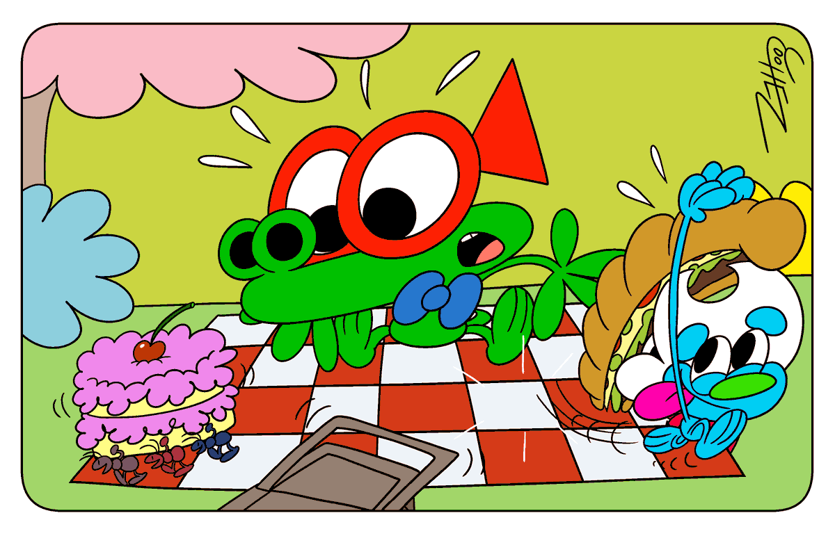 ChezBoy2000's tweet image. Have a fun August, everyone! 🧺🍎🍌

#August #ChezToons #GallordGator #HunterFenton