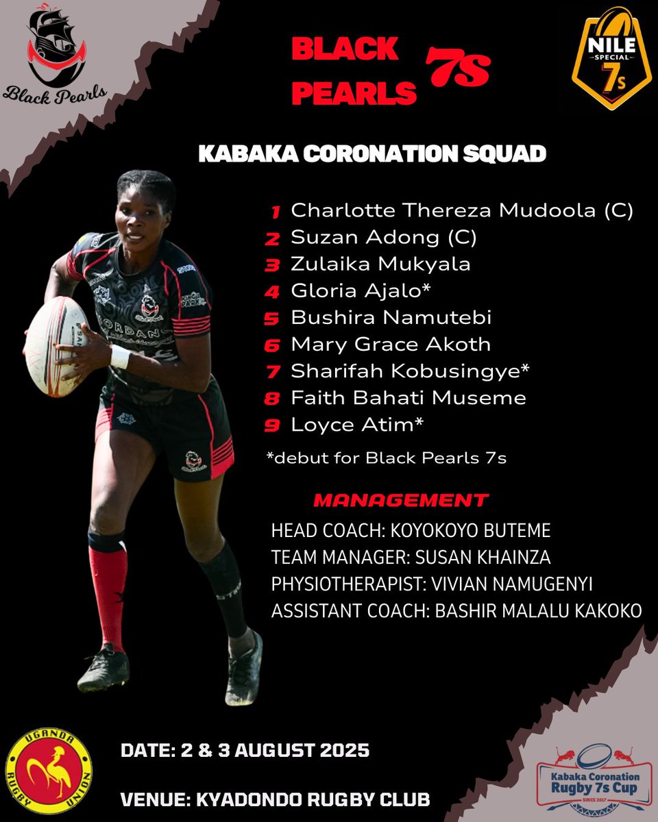 Black Pearls Rugby Club ๐คโค๏ธ (@blackpearlsrfc) on Twitter photo The Black Pearls 7s squad for the first leg of the 2025 #NileSpecial7s. ๐ค
3 players, Gloria Ajalo, Sharifah Kobusingye & Loyce Atim, make their debuts for Black Pearls 7s tomorrow in the #KabakaCoronation7s at <a href="/KyadondoClub/">Kyadondo Rugby Club</a>. ๐ช๐ฟ
#BlackPearlsStrong ๐คโค๏ธ The Black Pearls 7s squad for the first leg of the 2025 #NileSpecial7s. ๐ค
3 players, Gloria Ajalo, Sharifah Kobusingye & Loyce Atim, make their debuts for Black Pearls 7s tomorrow in the #KabakaCoronation7s at <a href="/KyadondoClub/">Kyadondo Rugby Club</a>. ๐ช๐ฟ
#BlackPearlsStrong ๐คโค๏ธ