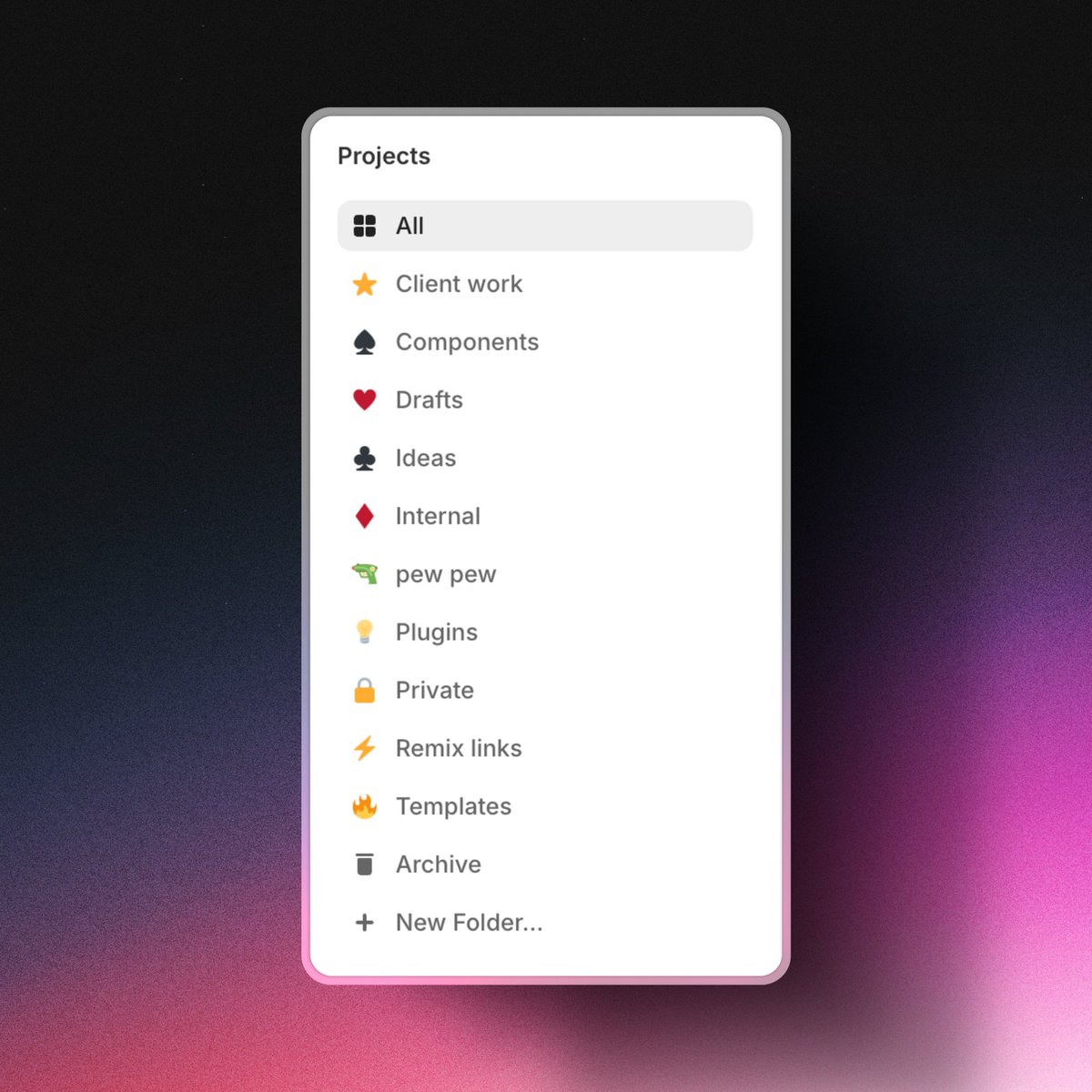 fw3d's tweet image. I was today years old when I realised you can change the folder icons in @framer 🙃