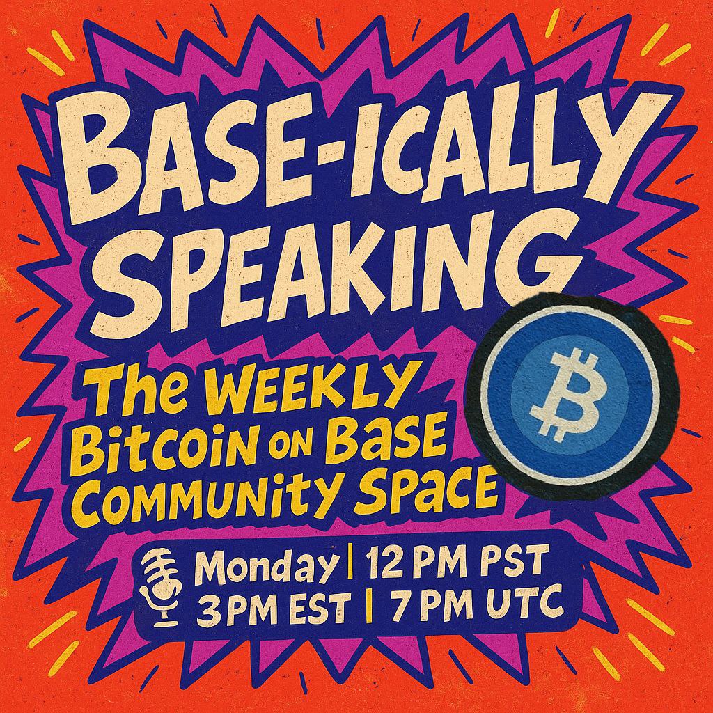 Bitcoin on Base (@btc_on_base) on Twitter photo π£οΈ BASE-ICALLY SPEAKING: 
The Weekly Bitcoin on Base Community Space π§±
ποΈ Weβre back this Monday!
π 12 PM PST | 3 PM EST | 7 PM UTC
π Live on X Spaces
π§ Set your reminder: πx.com/i/spaces/1eaKbβ¦ π£οΈ BASE-ICALLY SPEAKING: 
The Weekly Bitcoin on Base Community Space π§±
ποΈ Weβre back this Monday!
π 12 PM PST | 3 PM EST | 7 PM UTC
π Live on X Spaces
π§ Set your reminder: πx.com/i/spaces/1eaKbβ¦