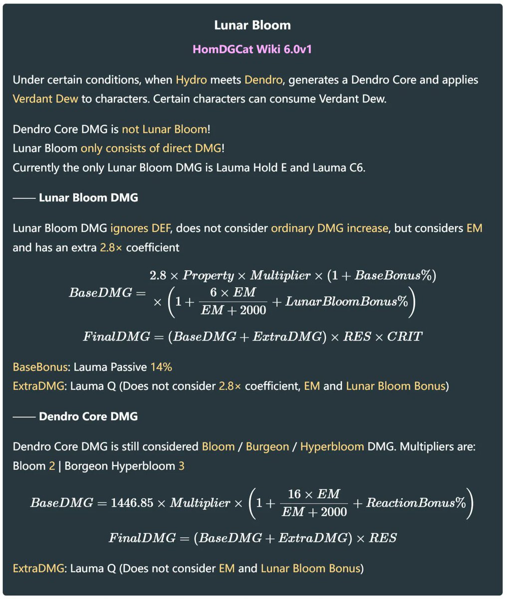 FlipMeAC's tweet image. This formula is apparently not the correct one at all
The 2.8 multiplier is bullshit and doesn’t exist
Not only that but Lunar bloom damage looks at Lauma’s crit stats too so it has a crit multiplier
This means Lauma wants to build crit actually and will use the new crit set