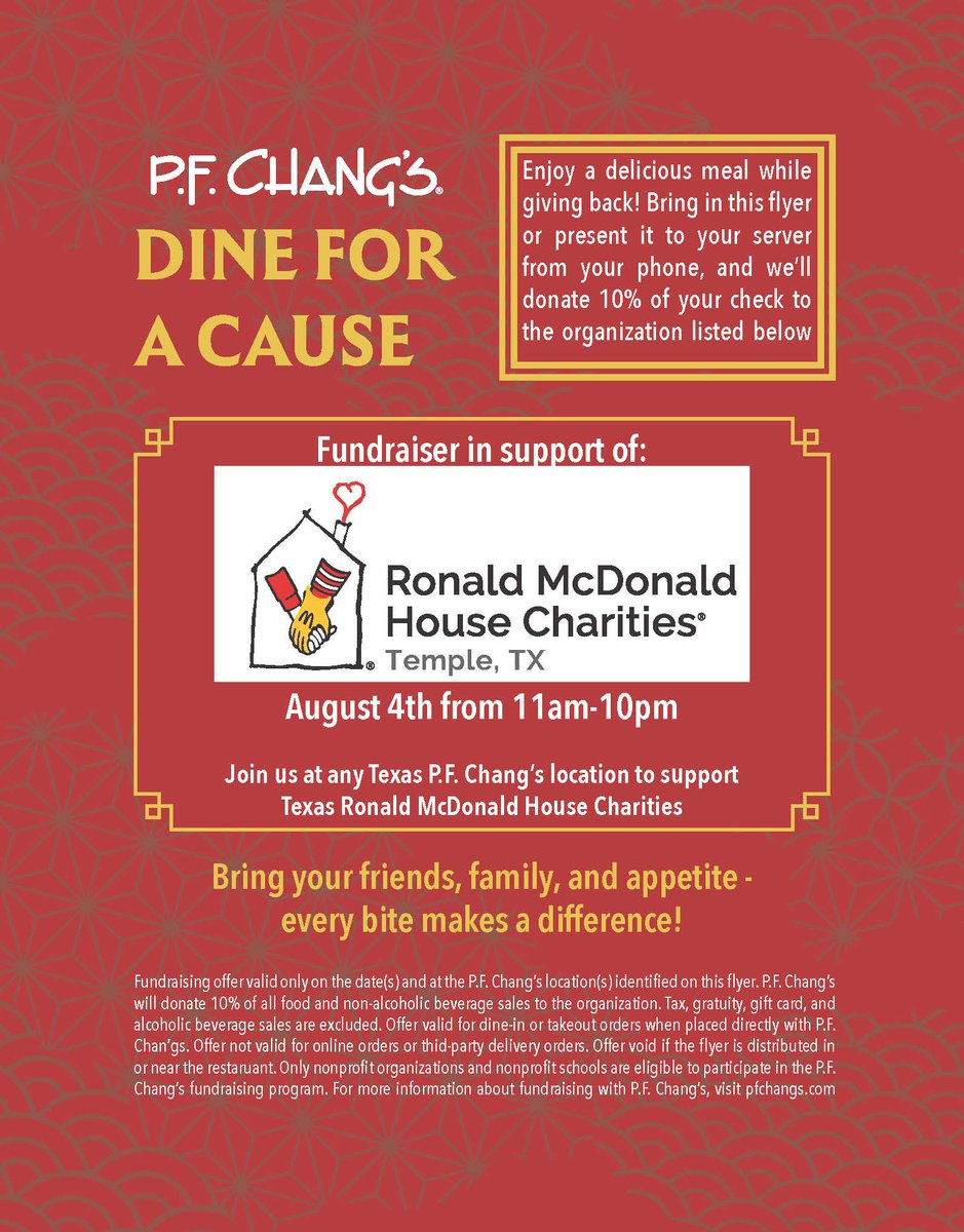 🍽️ Dine for a Cause at PF Chang’s – Monday, Aug 4 | 11AM–10PM
Show this flyer from your phone &amp; 10% of your meal will support @RMHC in Temple, TX 💖
Bring your friends, family &amp; appetite—every bite helps a family in need.
#DineForACause #GiveBack #TempleTX #RMHC