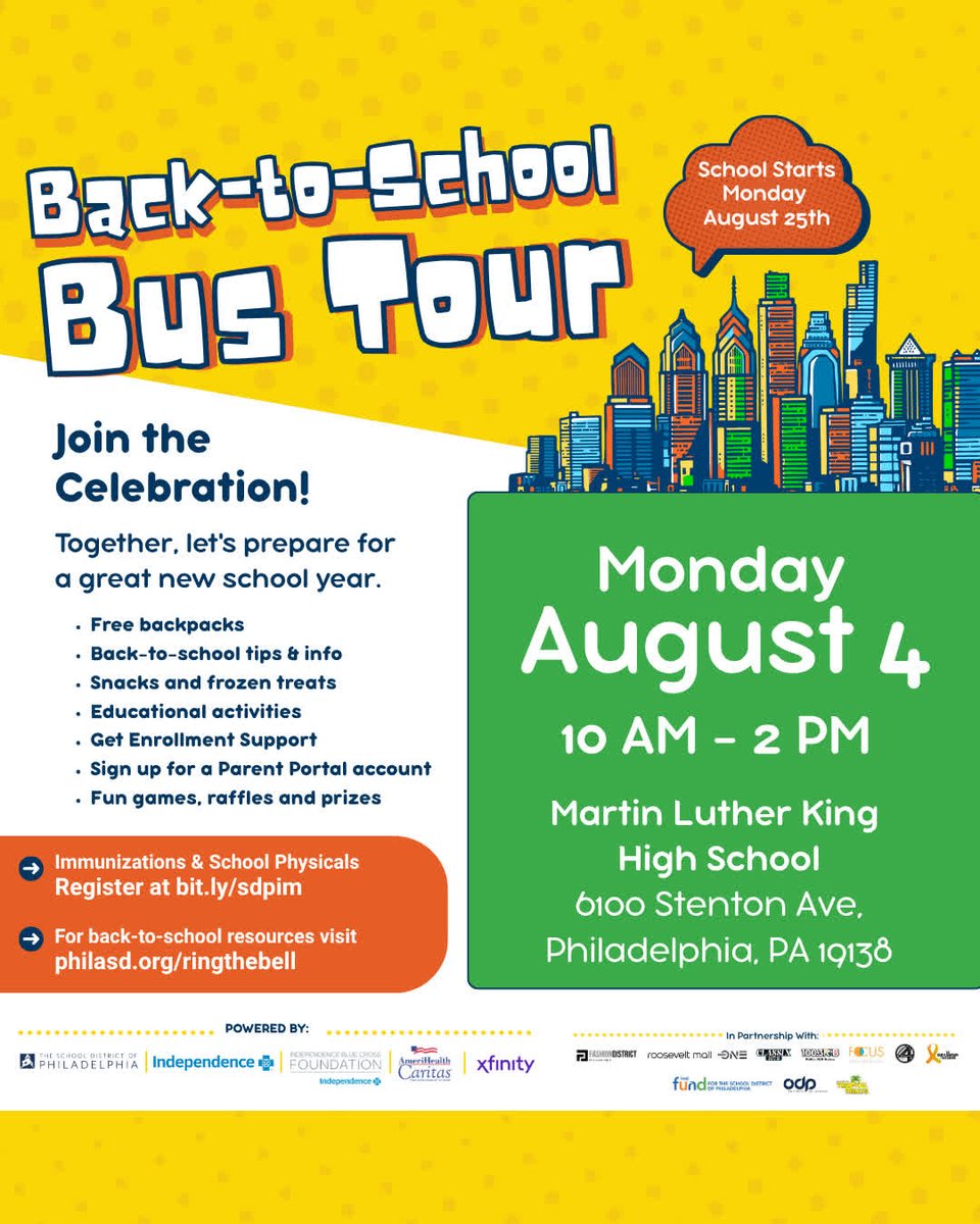 PHLschools's tweet image. 🚌 Back-to-School Bus Tour Mega-Event

🎒Get a free backpack &amp;amp; all your back-to-school needs! Learn more at: philasd.org/ringthebell

@ibxfdn @classixphilly @rnbphilly @fundphlschools @xfinity #SDPBusTour #RingtheBellPHL #PHLED