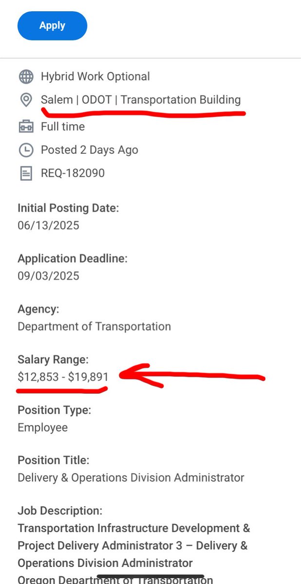 A screenshot of a job listing page from a government employment portal, featuring a blue 'Apply' button, location pin for Salem ODOT Transportation Building, full-time indicator, posting details, agency name, highlighted salary range $12,853 - $19,891 with red underlines, position type, title 'Delivery & Operations Division Administrator', and partial job description for a transportation infrastructure role.