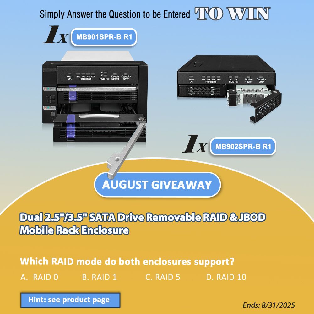 This month, we'll give out MB901SPR-B R1 x1 &amp; MB902SPR-B R1 x1.  2 Winners! Join @IcyDockUSA's monthly #giveaways. Answer the question to enter.
💌-global.icydock.com/news/news_1496…
Starts Aug 1st, at midnight.
Ends Aug 31st, at midnight.