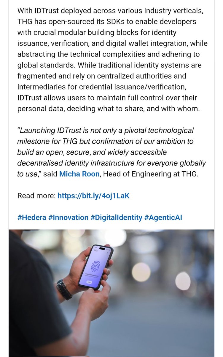 SYCR6h8A4qUyAHf's tweet image. linkedin.com/posts/the-hash…

We’re pleased to support the launch of #IDTrust by The #Hashgraph Group, a self-sovereign identity platform built on Hedera and enhanced with Agentic AI. It brings privacy-first, interoperable infrastructure to individuals, institutions, and governments…