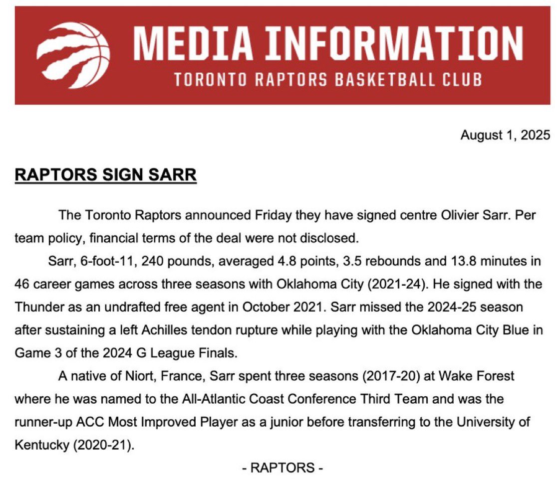 The Toronto Raptors have signed centre Olivier Sarr.