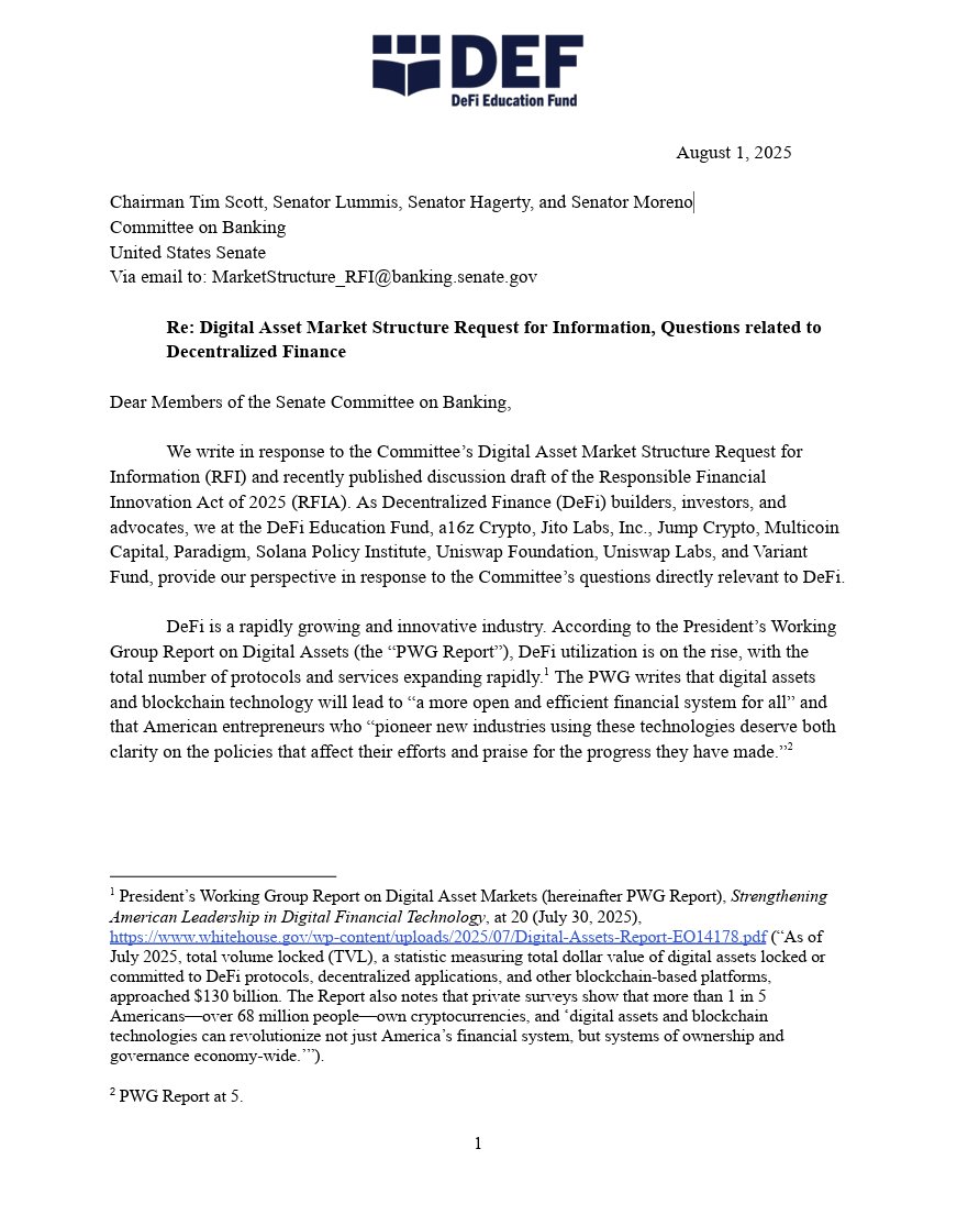 DeFi Education Fund (@fund_defi) on Twitter photo Today, the DeFi Education fund team submitted a response to DeFi-related questions posed by <a href="/BankingGOP/">U.S. Senate Banking Committee GOP</a>’s Digital Asset Market Structure RFI & recently published discussion draft of market structure legislation.
We are honored to have leading DeFi builders, investors & Today, the DeFi Education fund team submitted a response to DeFi-related questions posed by <a href="/BankingGOP/">U.S. Senate Banking Committee GOP</a>’s Digital Asset Market Structure RFI & recently published discussion draft of market structure legislation.
We are honored to have leading DeFi builders, investors &