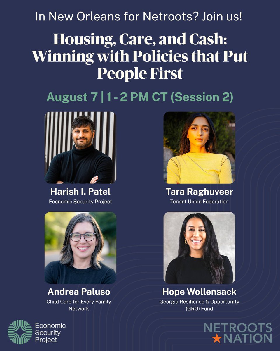 EconomicSecProj's tweet image. Headed to @Netroots_Nation? Don’t miss ESP’s @harish_i_patel alongside @taraghuveer, @hopewollensack, and Andrea Paluso for a panel on tackling the affordability crisis—and how bold, people-first policies on housing, care, and cash can reshape our economy. #NN25

📅 Aug 7 at 1PM…