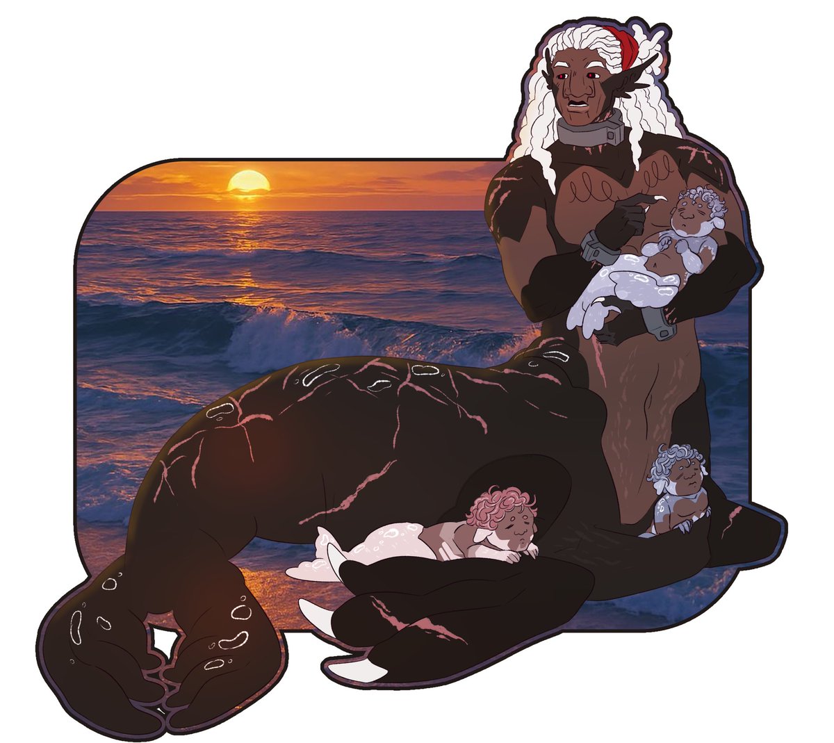 Mega and his fairly fresh pups :&gt; they’ll get their darker colors soon enough 
(I added his IDW tit tats haha)