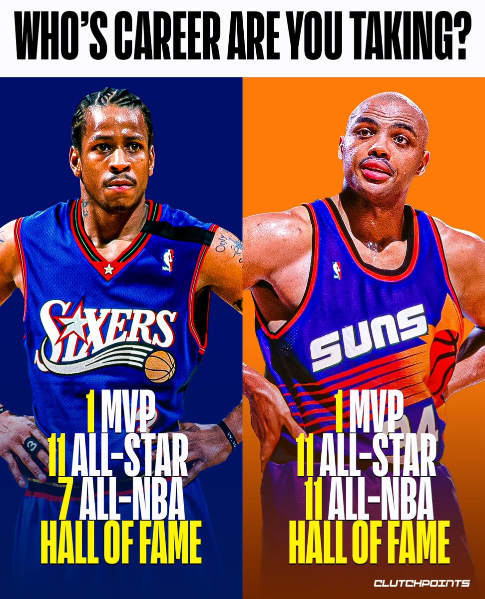 Allen Iverson vs. Charles Barkley 🔥

One was a cultural force that shook the league to its core. The other, a dominant force of nature with production that never let up. 

Allen Iverson and Charles Barkley, two Hall of Famers, two MVPs, zero rings… but legendary impact.

AI