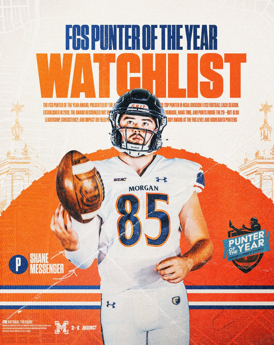 Morgan State Bears (@morganstbears) on Twitter photo 🚨 Messenger Kicks Off the Season on a High Note!
💥🏈 <a href="/MSUBearsFB/">Morgan State Football</a>’s Shane Messenger lands a spot on the FCS Punter of the Year Watch List for the second straight year.
▶︎ shorturl.at/FswWN
<a href="/MEACSports/">Mid-Eastern Athletic Conference</a> | <a href="/UnderArmour/">Under Armour</a>
#GoBears🔷🔶 🚨 Messenger Kicks Off the Season on a High Note!
💥🏈 <a href="/MSUBearsFB/">Morgan State Football</a>’s Shane Messenger lands a spot on the FCS Punter of the Year Watch List for the second straight year.
▶︎ shorturl.at/FswWN
<a href="/MEACSports/">Mid-Eastern Athletic Conference</a> | <a href="/UnderArmour/">Under Armour</a>
#GoBears🔷🔶