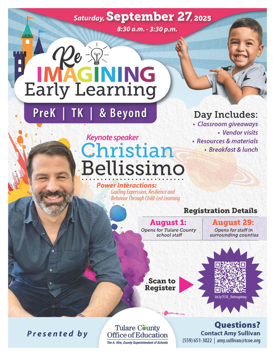 Tulare County early childhood educators – registration is now open for our Reimagining Early Learning Conference on September 27!

Early childhood educators in all other counties may register beginning August 29.

For registration, visit bit.ly/TCOE_ReImagini….