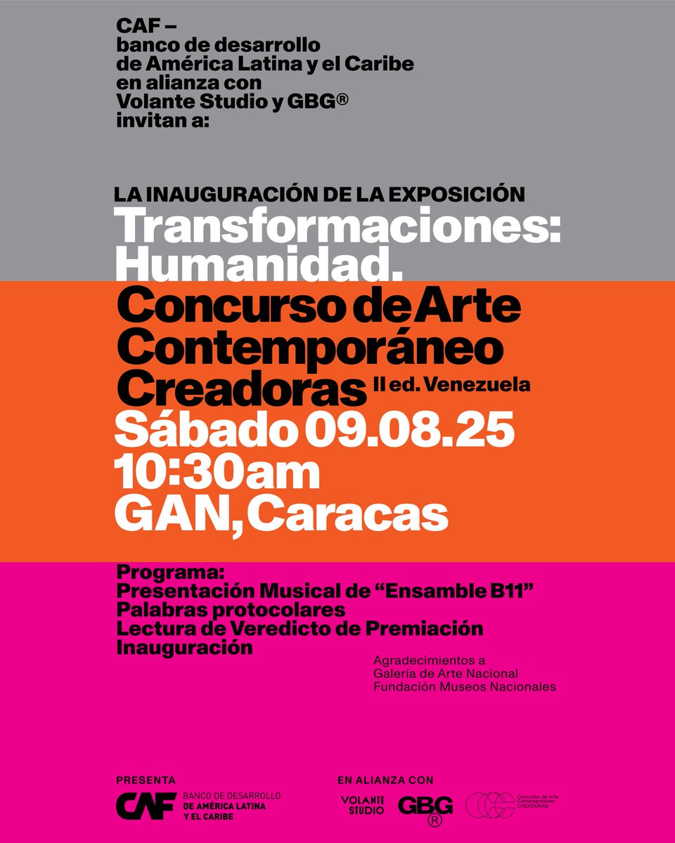 Acompáñanos el sábado, 9 de agosto de 2025, en los espacios de la Galería de Arte Nacional en Caracas, para la ceremonia de premiación e inauguración de la exposición.

📍Galería de Arte Nacional. 
🕤 10:30 am
🎟️Entrada libre