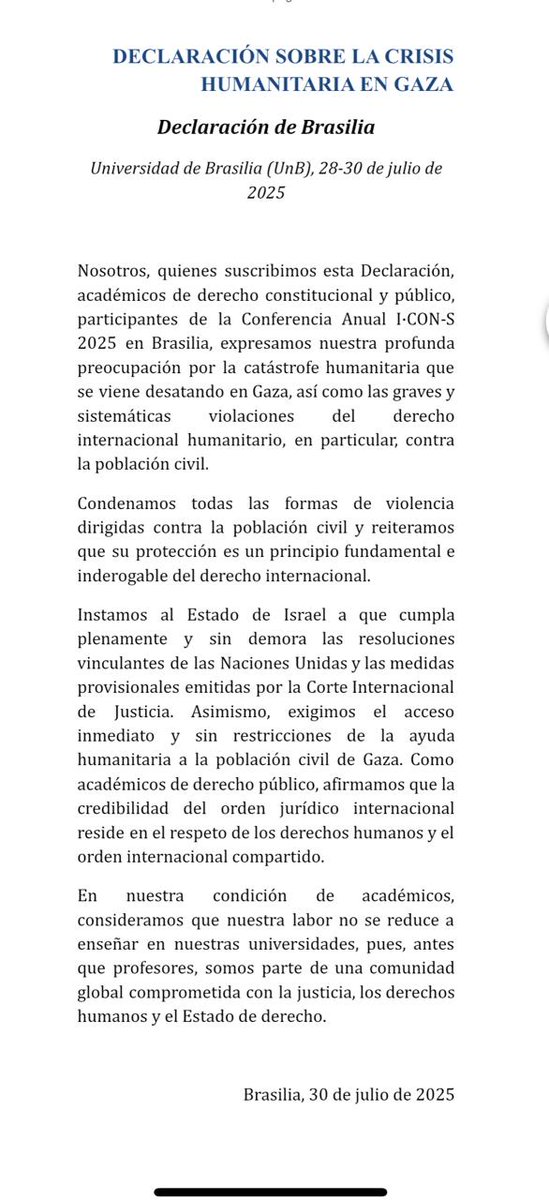 🚨Académicos del derecho de diversas partes del mundo reunidos en la Conferencia Anual de I·CON-S en Brasilia, firman pronunciamiento de denuncia y protesta por la catástrofe humanitaria en Gaza. Entre los firmantes, connotados juristas peruanos.

docs.google.com/document/u/1/d…