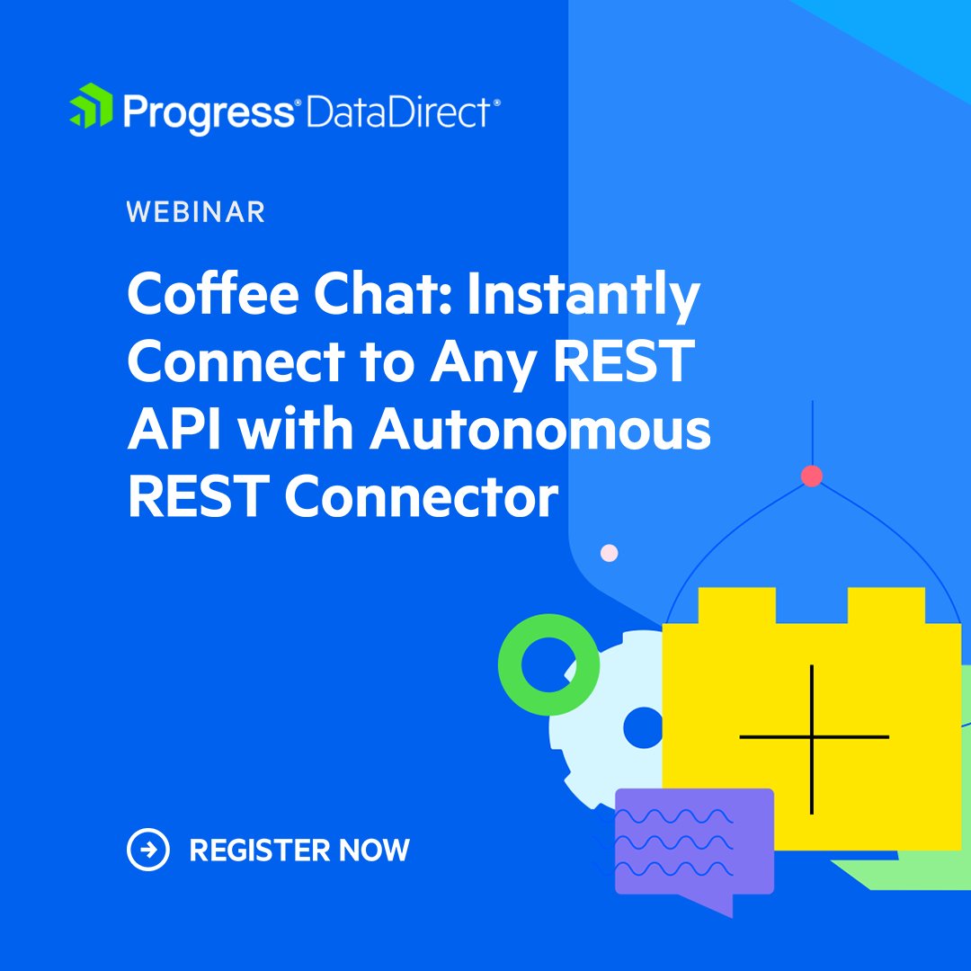 _DataDirect's tweet image. Join the Progress DataDirect team on August 6 at 1 p.m. ET for a short Coffee Chat exploring how to connect any REST API to your SQL-based apps or BI tools with zero custom code required. Register Now: prgress.co/3UbkqYq
