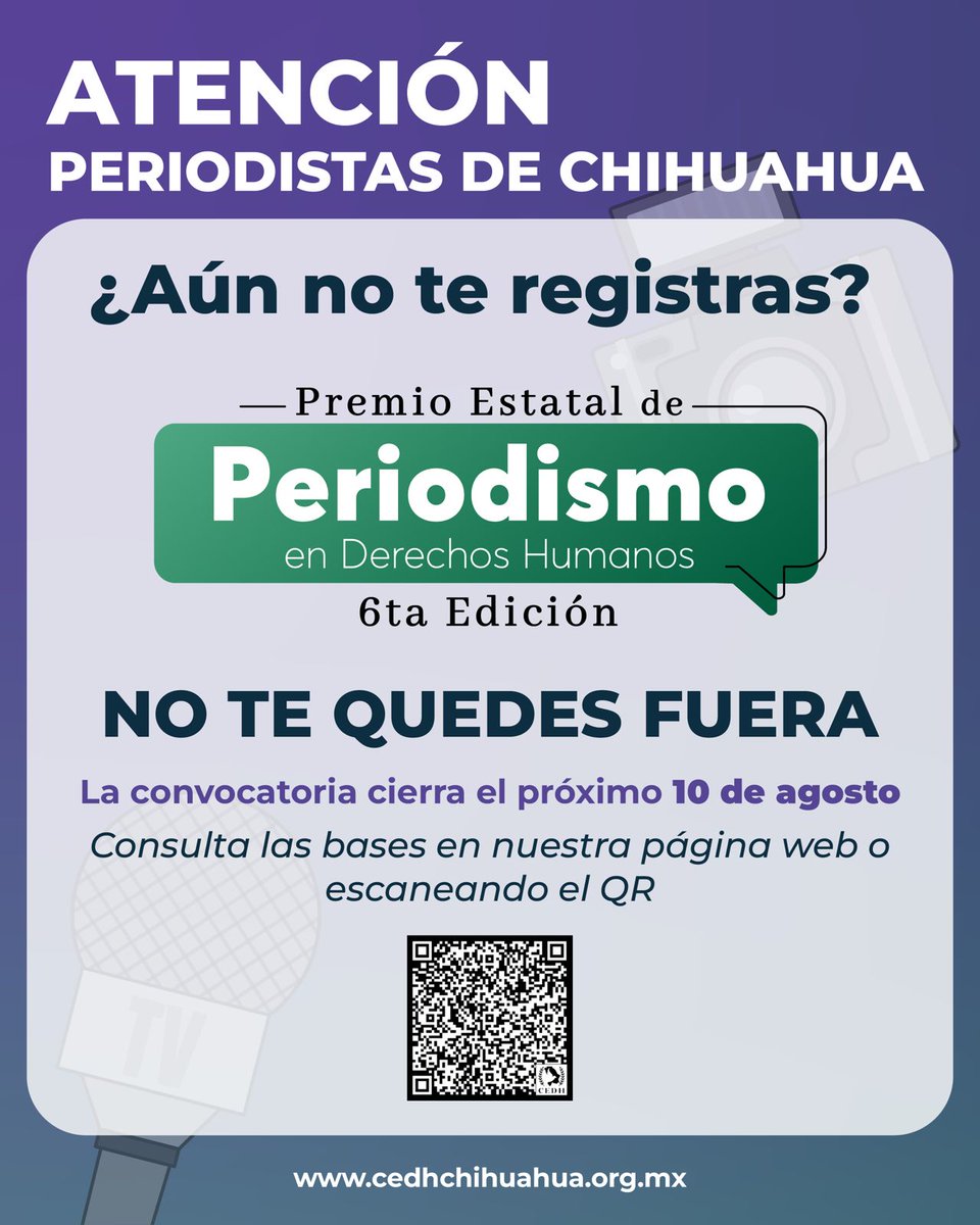 🔴Amigas y amigos periodistas de Chihuahua, no se queden fuera del concurso, sus trabajos merecen ser premiados, los recibimos hasta el 10 de agosto.
#premioperiodismoendh #LibertadDeExpresion