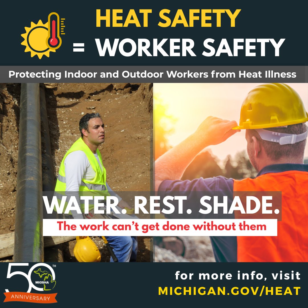 Hot temps mean serious risks on the job.
💧 Water
🛑 Rest
🌳 Shade

Protect workers from heat illness—indoors or out.
Learn more: michigan.gov/heat

#MIOSHA #HeatSafety #WorkplaceSafety