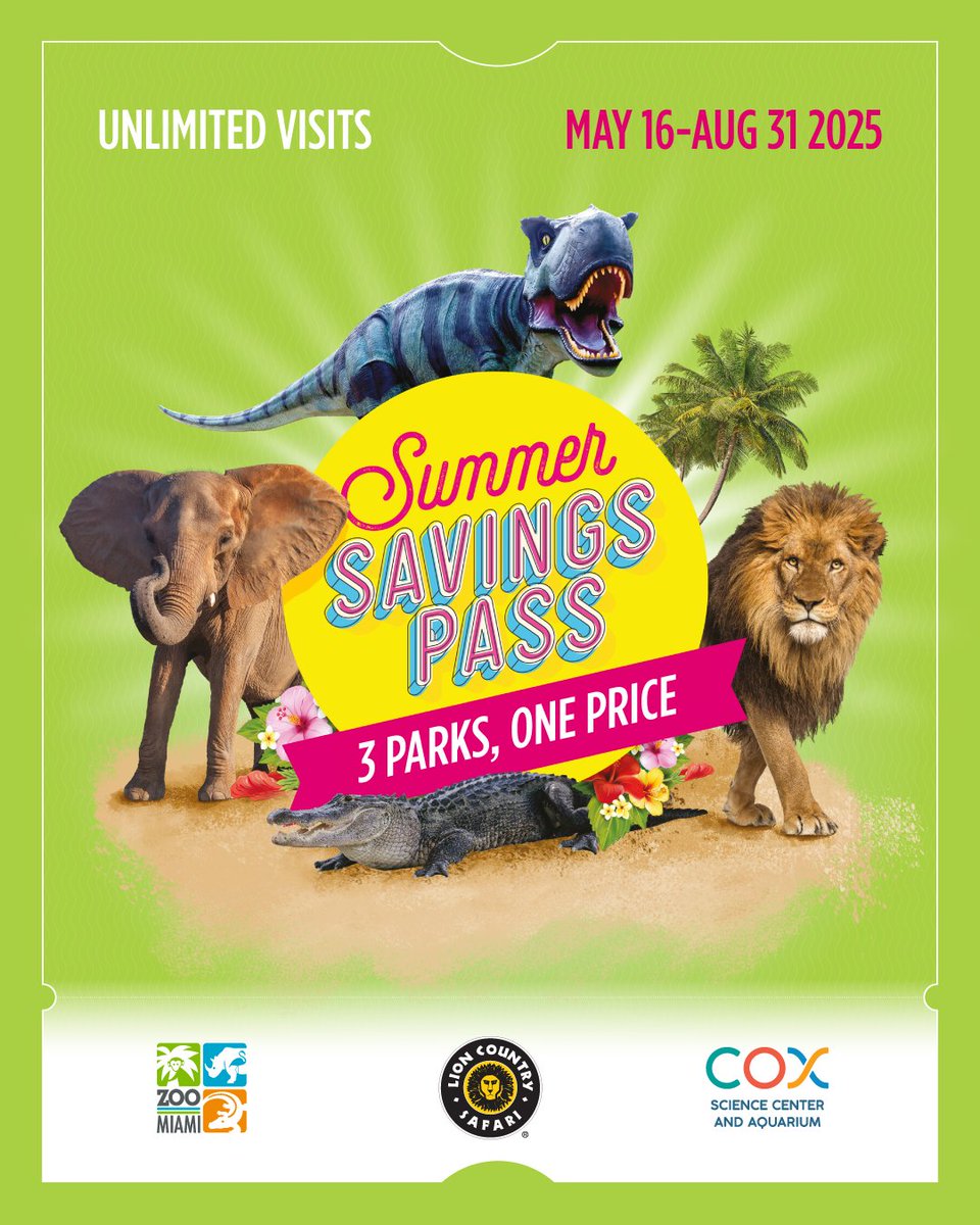 Zoo Miami (@zoomiami) on Twitter photo Lock in your Summer Savings Pass and hit up #ZooMiami, <a href="/LionCountry/">Lion Country Safari</a>, and <a href="/CoxSci/">Cox Science Center and Aquarium</a> all summer long for just $67.99!
📅 May 16–Aug 31
🐾 Unlimited visits
🚨 Annual pass holders: snatch $17 off
Get wild. Get curious. Get the pass here: bit.ly/4me2BVs' Lock in your Summer Savings Pass and hit up #ZooMiami, <a href="/LionCountry/">Lion Country Safari</a>, and <a href="/CoxSci/">Cox Science Center and Aquarium</a> all summer long for just $67.99!
📅 May 16–Aug 31
🐾 Unlimited visits
🚨 Annual pass holders: snatch $17 off
Get wild. Get curious. Get the pass here: bit.ly/4me2BVs'