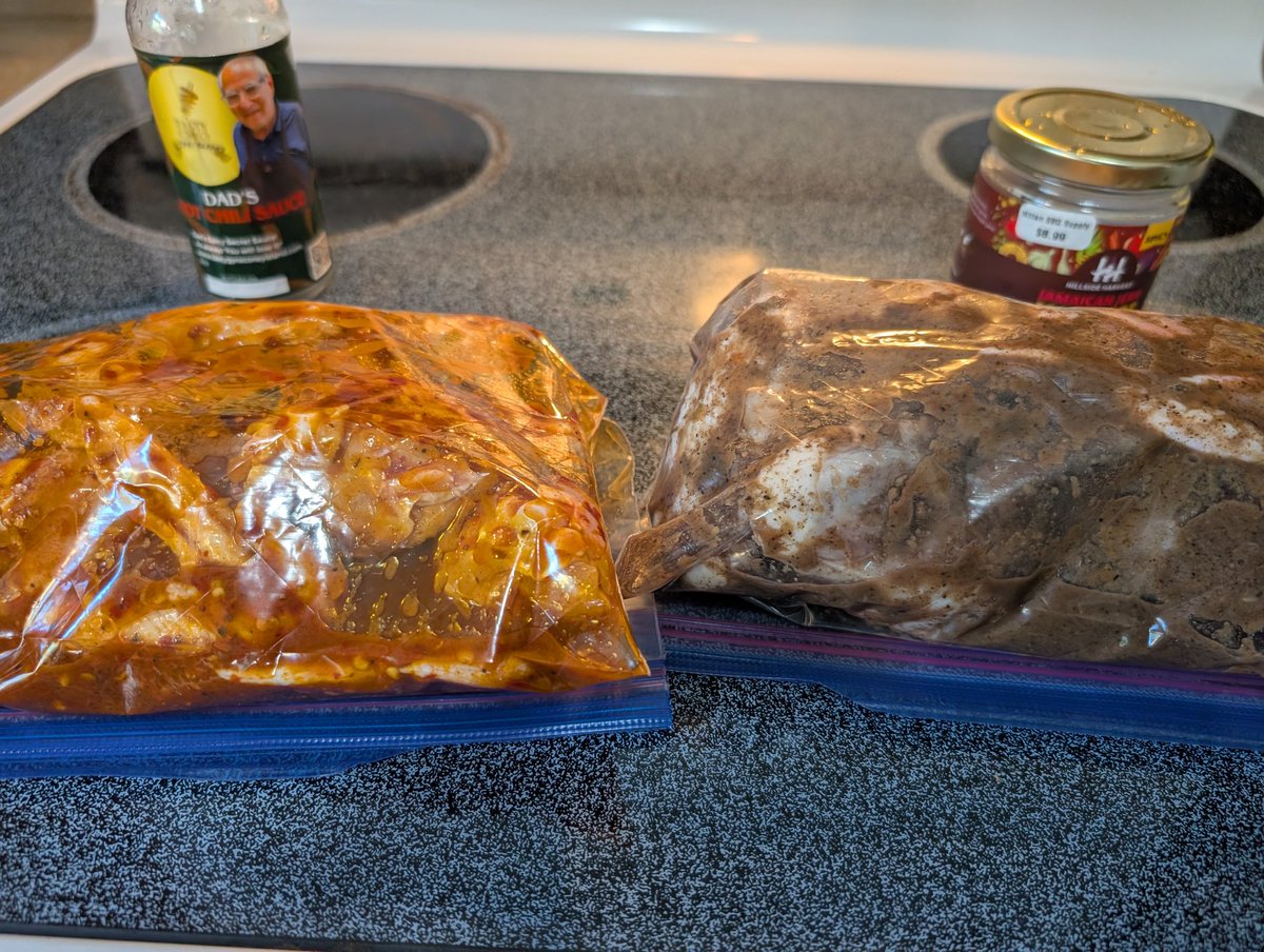 On deck for tomorrow. Marinaded chili sauce wings and jerk.