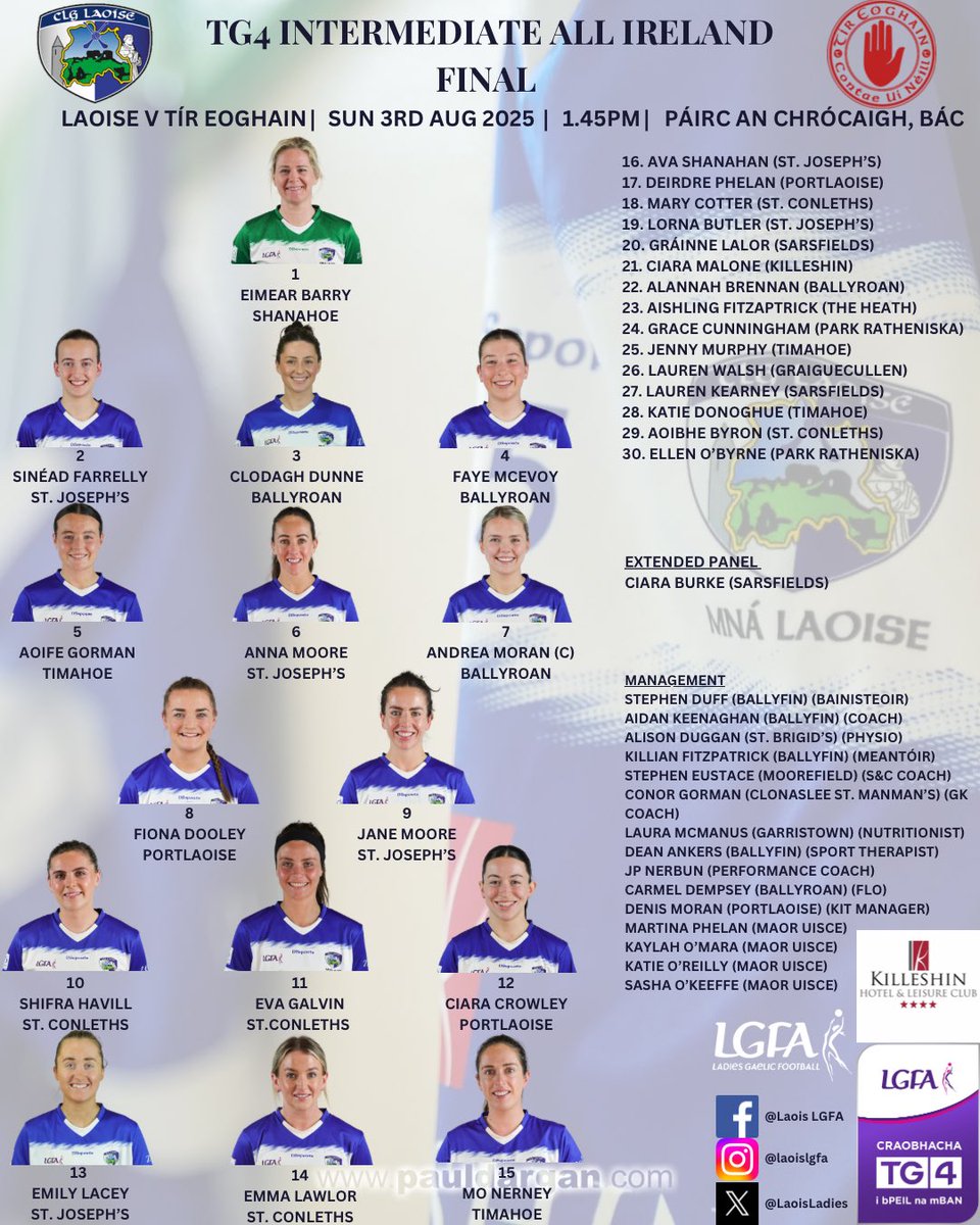 Laois Ladies (@laoisladies) on Twitter photo TG4 All Ireland Intermediate Final Lineup 🤩
#Properfan <a href="/SportTG4/">Spórt TG4</a> <a href="/TG4TV/">TG4</a> <a href="/LadiesFootball/">Ladies Football</a> <a href="/LeinsterLGFA/">Leinster LGFA</a> <a href="/HerSportDotIE/">Her Sport</a> <a href="/LaoisToday/">Laois Today</a> <a href="/LaoisPeople1/">Laois People</a> <a href="/LaoisNews/">Leinster Express / Laois Live</a> TG4 All Ireland Intermediate Final Lineup 🤩
#Properfan <a href="/SportTG4/">Spórt TG4</a> <a href="/TG4TV/">TG4</a> <a href="/LadiesFootball/">Ladies Football</a> <a href="/LeinsterLGFA/">Leinster LGFA</a> <a href="/HerSportDotIE/">Her Sport</a> <a href="/LaoisToday/">Laois Today</a> <a href="/LaoisPeople1/">Laois People</a> <a href="/LaoisNews/">Leinster Express / Laois Live</a>