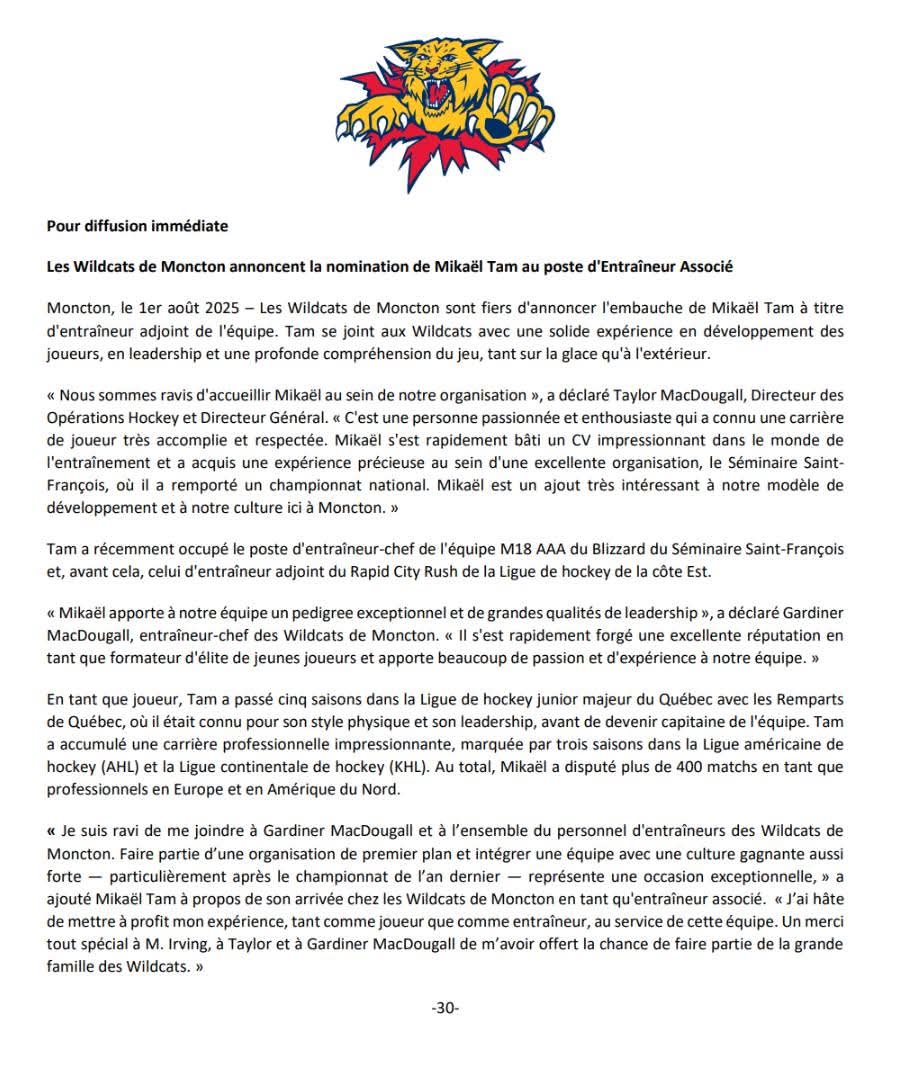 The Moncton Wildcats are proud to announce the hiring of Mikaël Tam as the team’s new Associate Coach – Les Wildcats de Moncton sont fiers d'annoncer l'embauche de Mikaël Tam à titre 
d'entraîneur adjoint de l'équipe 😁🏒