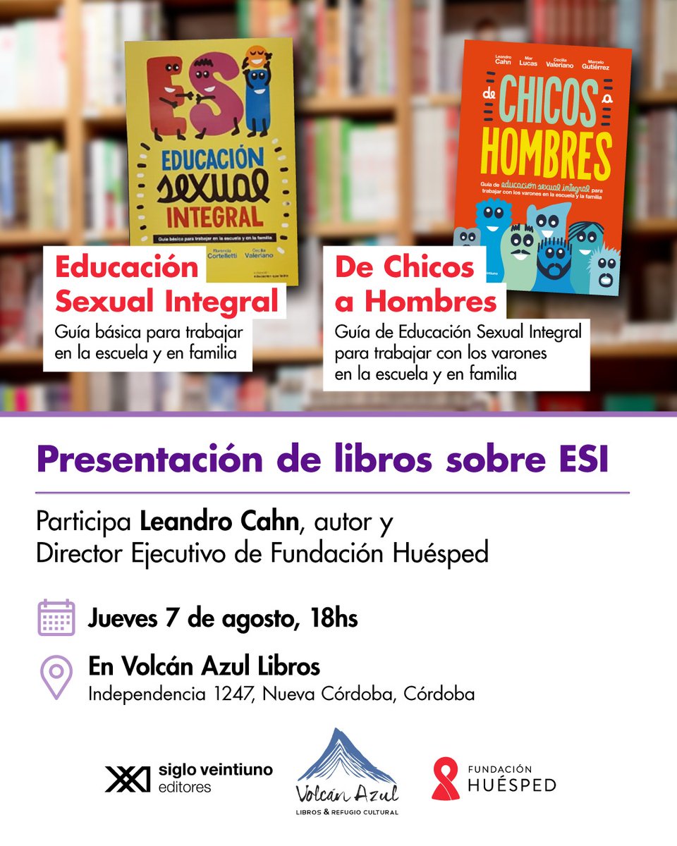 La semana que viene voy a estar en Córdoba por diferentes actividades de <a href="/FundHuesped/">Fundación Huésped</a>. 
El jueves 7 a las 18 hs. en <a href="/VolcanAzul/">Volcán Azul</a> vamos a presentar los libros de ESI. Todas y todos invitados