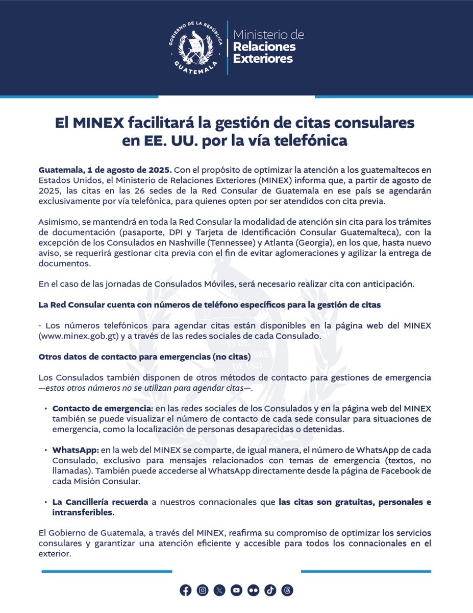 El MINEX facilitará la gestión de citas consulares en EE. UU. por la vía telefónica.

#Comunicado 🔗 bit.ly/citasconsulare…