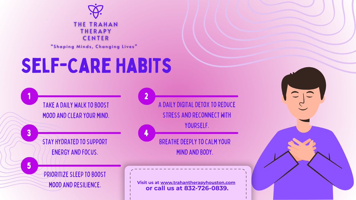 TrahanTherapy's tweet photo. Taking care of yourself doesn’t have to be complicated: 1️⃣ Walk daily 📷 Unplug, detox 📷 Breathe deeply 📷 Prioritize sleep Simple habits = real change 📷https://t.co/3UvRBa698e 832-726-0839 #SelfCare  #TheTrahanTherapyCenter #ShanaTrahan #GlobalTherapist https://t.co/vqvELOv7TE