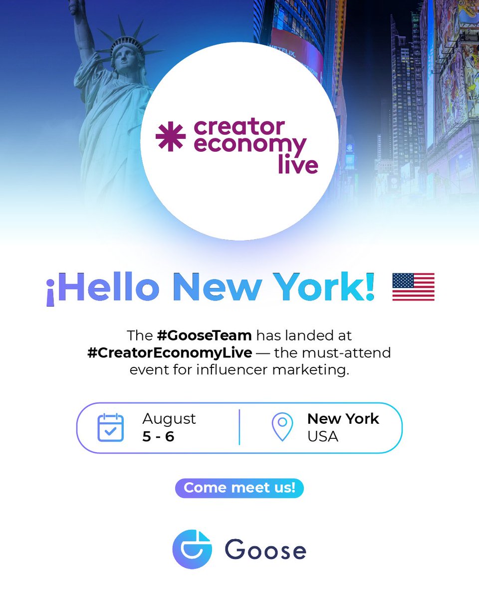 Hello, New York! 🗽
The #GooseTeam has arrived at #CreatorEconomyLive — the can’t-miss event for influencer marketing.
📲 We’re bringing streaming straight to the heart of the industry.
📍 New York, USA
📅 August 5–6
🙌Join us and see how Goose puts you in control.
